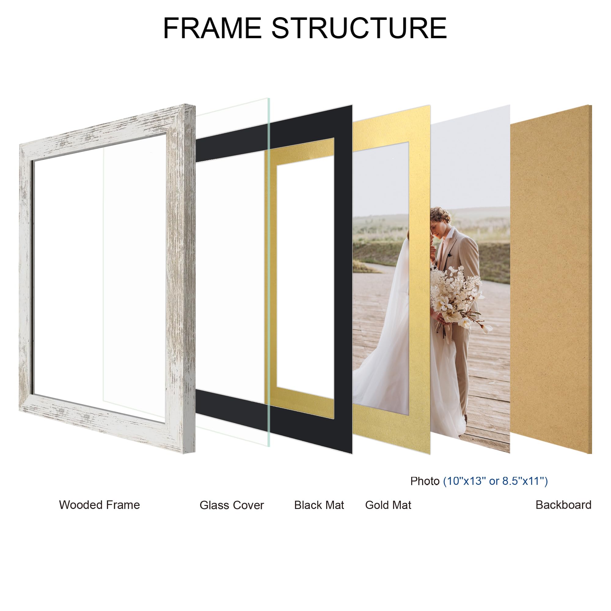 Hongkee 10x13 Picture Frame Set of 4, Made of Real Glass and Distressed White Frame, 10 by 13 Photo for Wall or Tabletop - Displ