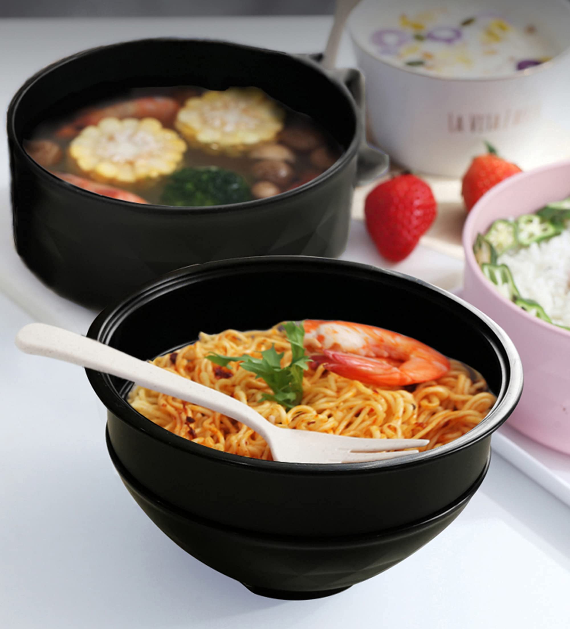 Layron Ramen Cooker Bowl Set - 33oz Microwave Noodle Bowl with Chopsticks, Black, Standard Size, Perfect for College Dorm Essentials