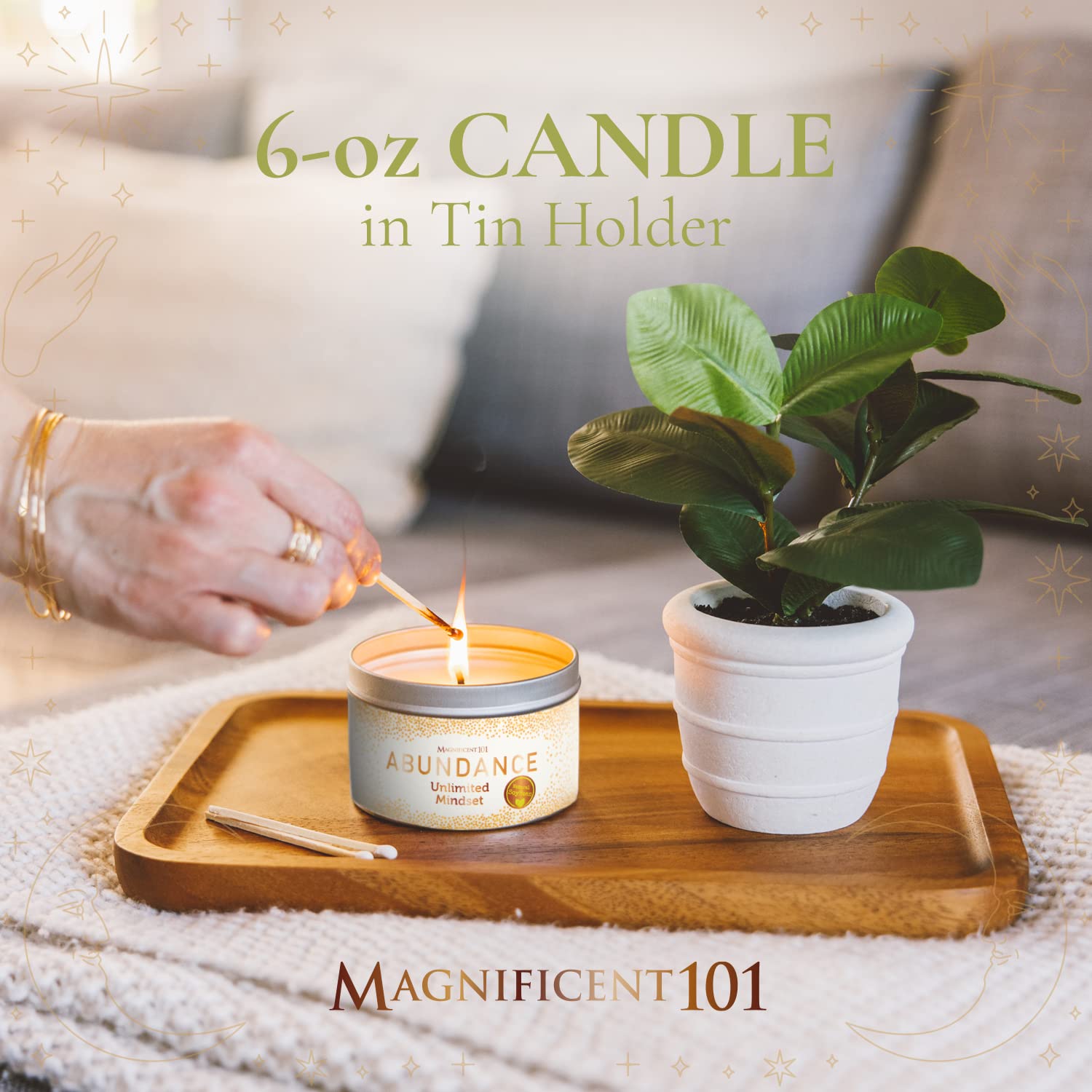 Magnificent 101 Abundance Aromatherapy Candle in 6-oz. Tin Holder: 100% Natural Soy Wax With Lemon, Rosemary & Sandalwood Essent
