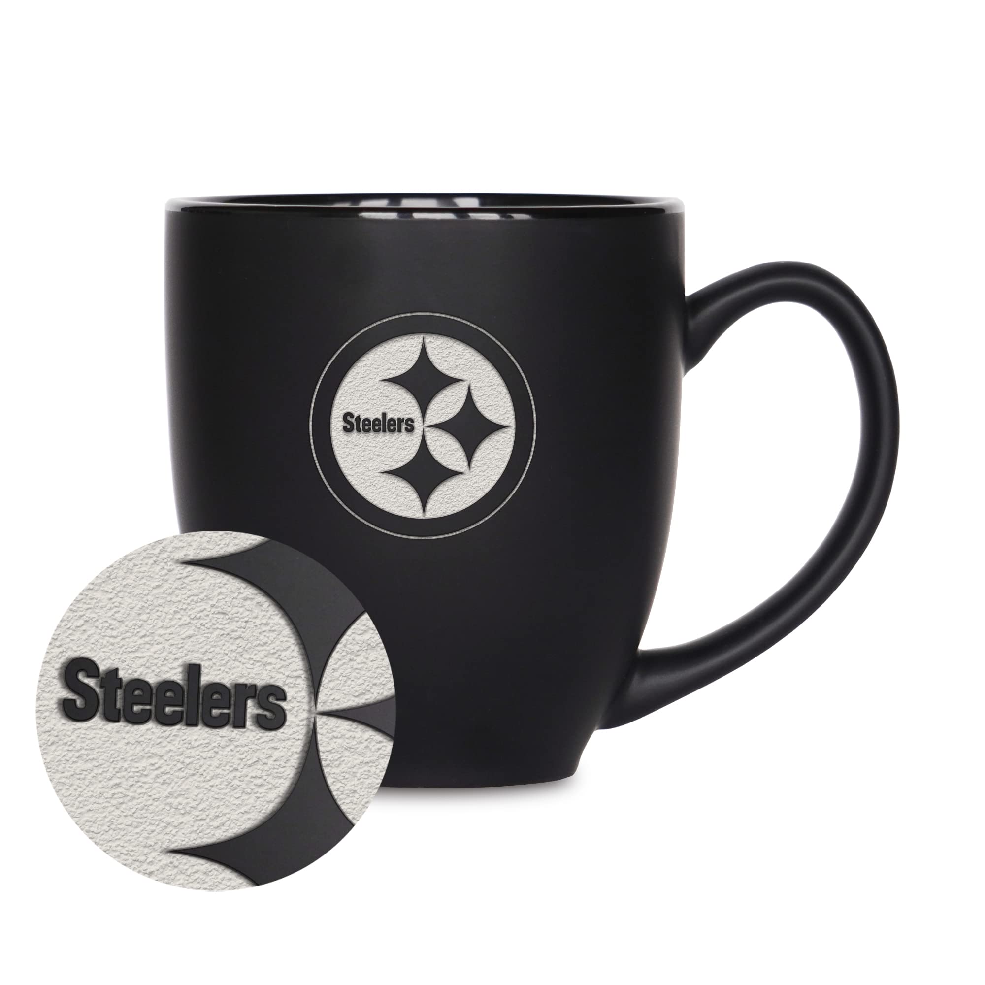 Rico Industries NFL Football Pittsburgh Steelers Main 15oz Laser Engraved Matte Black Ceramic Bistro Mug - For Hot or Cold Drink