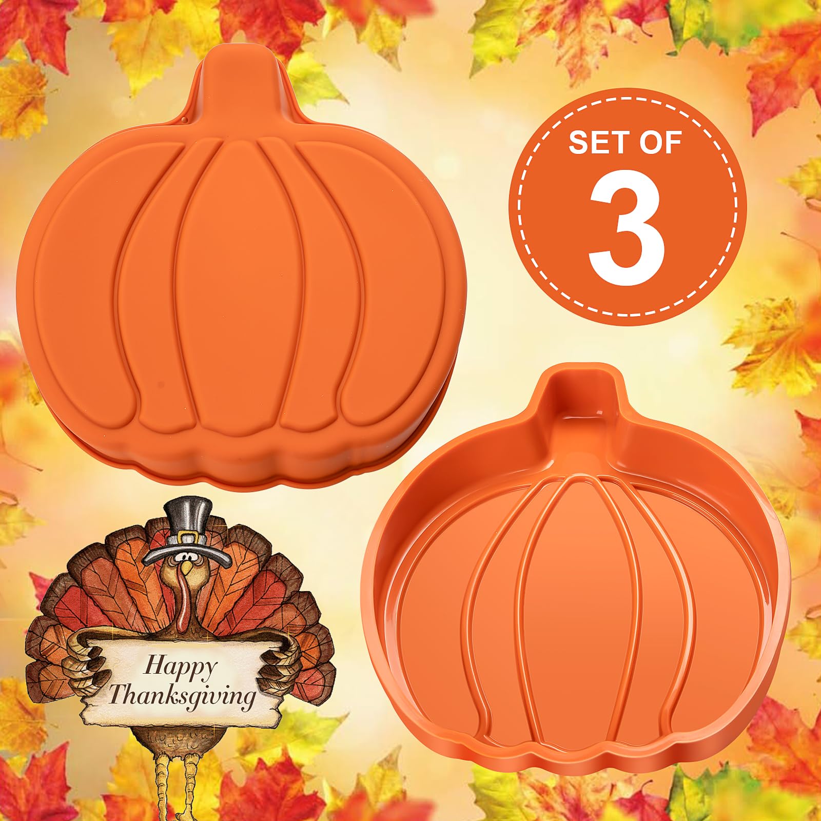 Dootafy Pumpkin Cake Pan 3 Pack Silicone Pumpkin Pancake Mold, 7 Inch Fall Cake Molds Pumpkin Layer Rainbow Baking Cake Pan For