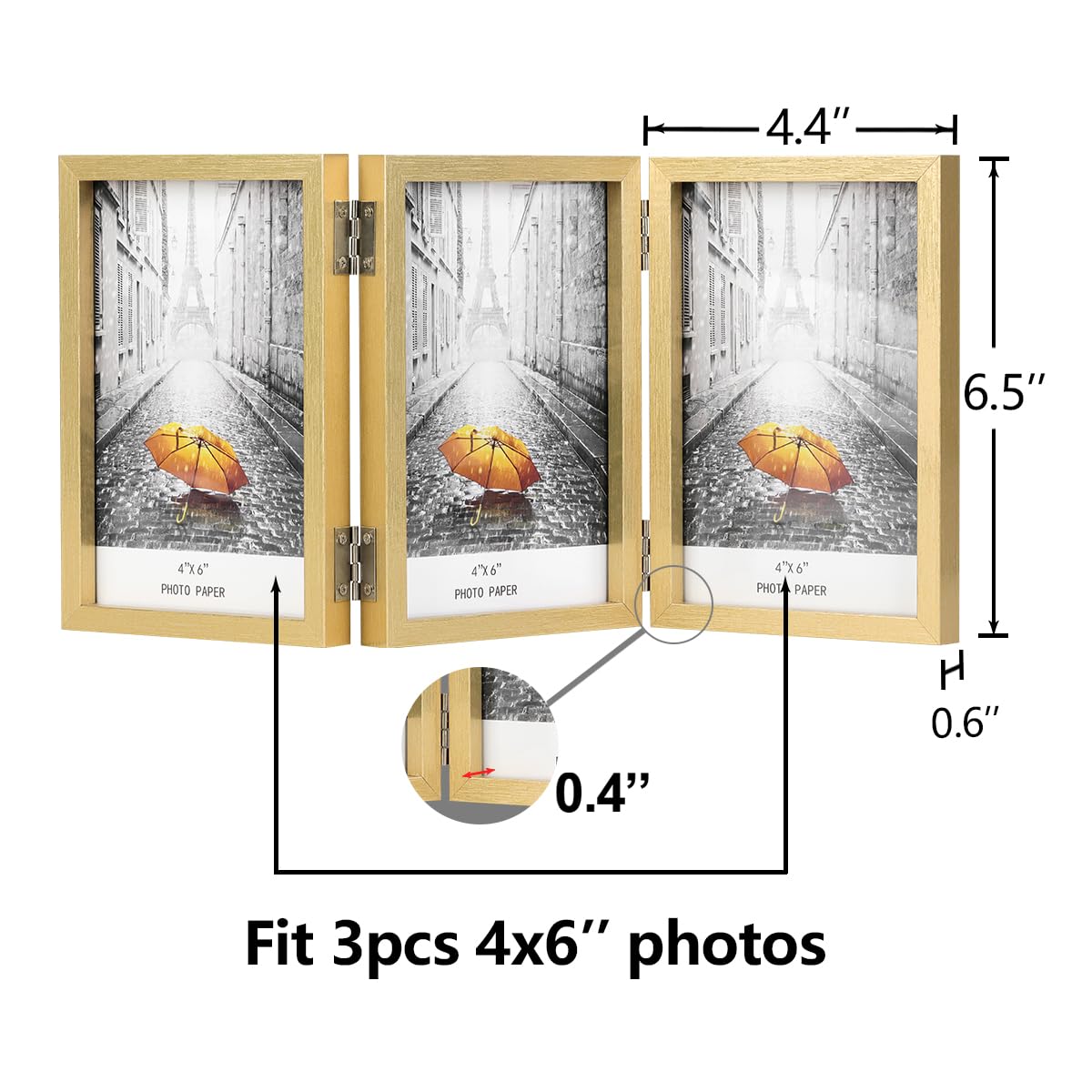 3 Picture Frame 4x6 Golden Triple Hinged MDF Wood with Glass Front Three Opening Photo Frame Stand Vertical on Tabletop