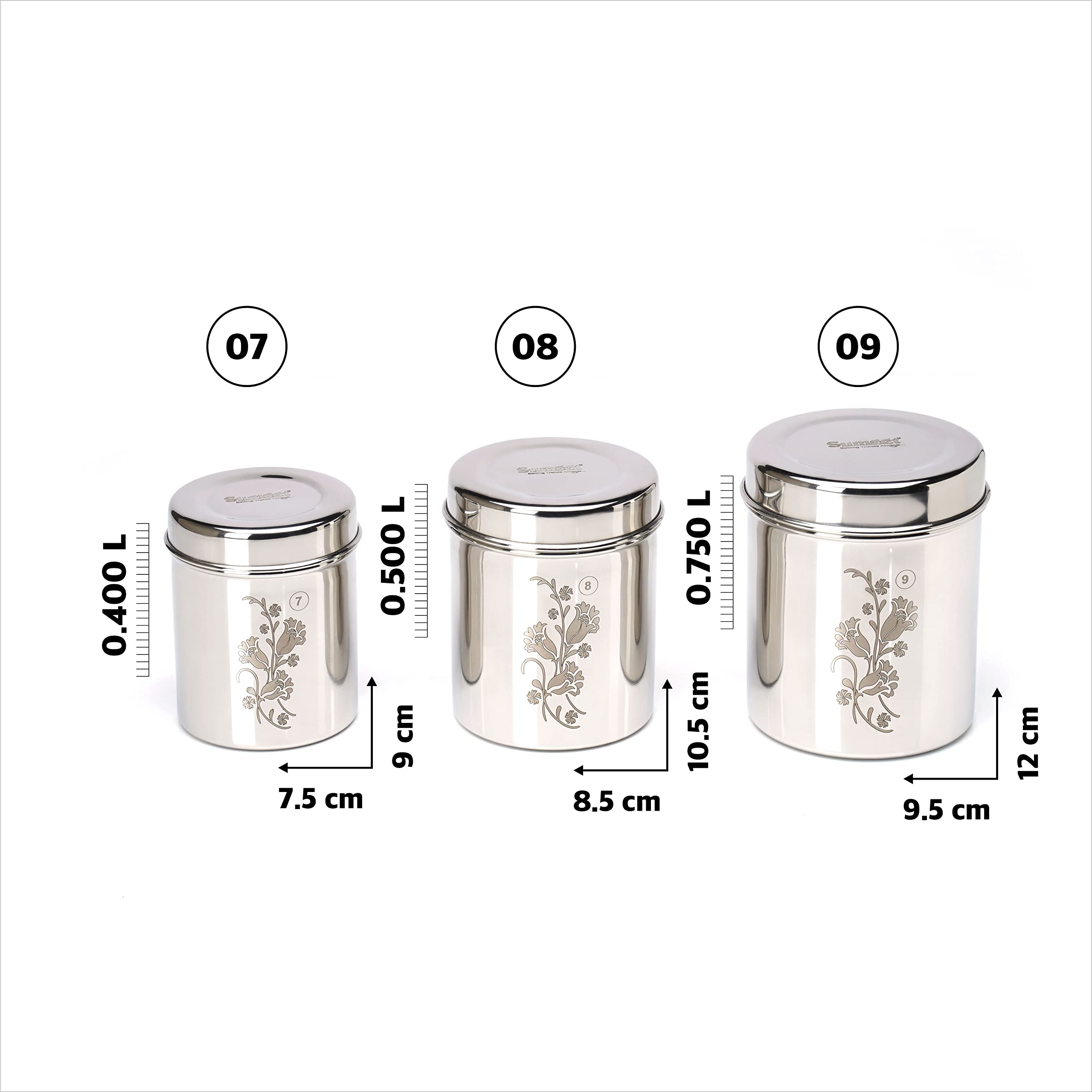 Sumeet Designer Stainless Steel Vertical Canisters/Ubha Dabba/Storage Containers Set Of 3Pc (400Ml,500Ml,750Ml)