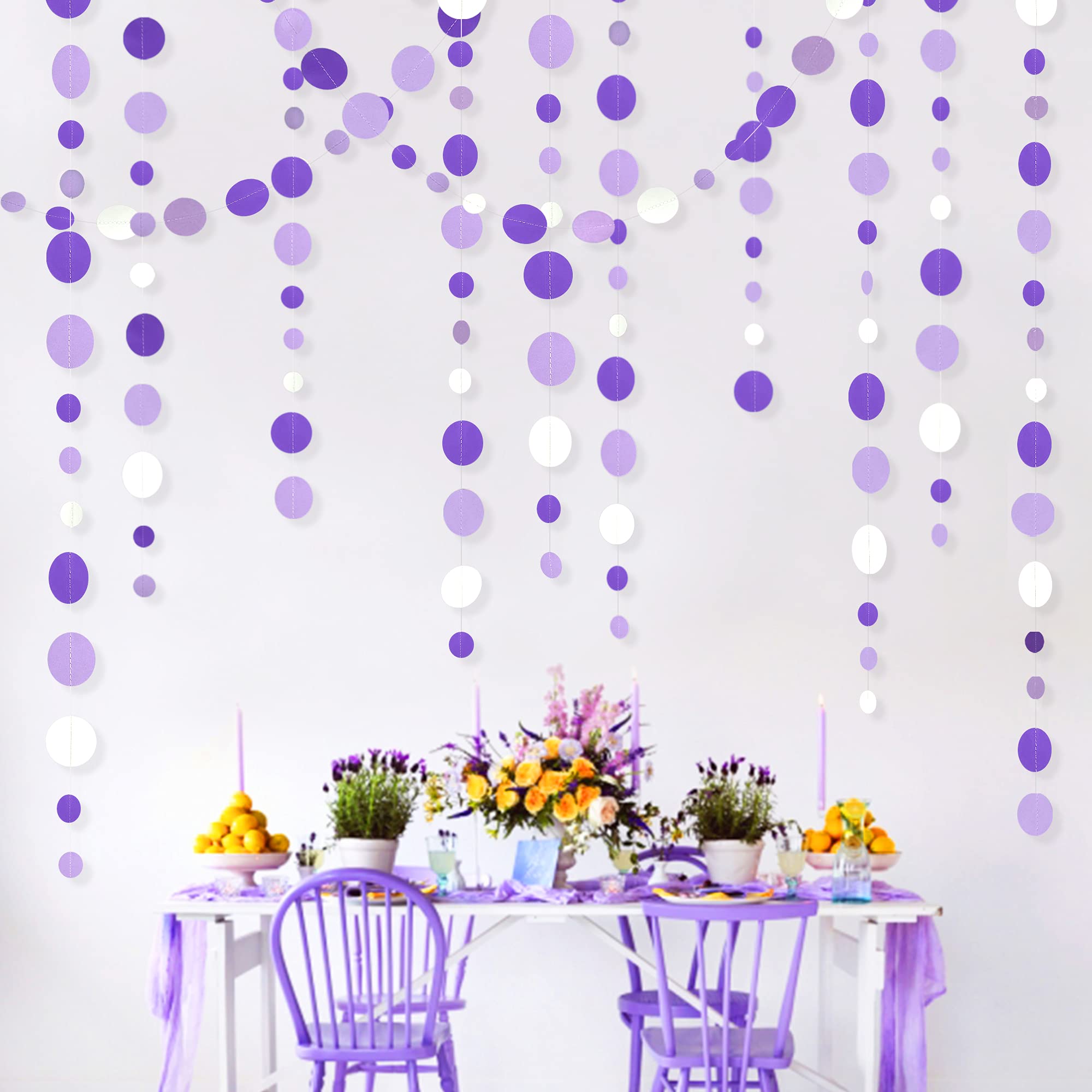 46 Ft Purple And White Circle Dots Garland Lavender Hanging Paper Polka Dot Streamer For Birthday Anniversary Engagement Wedding