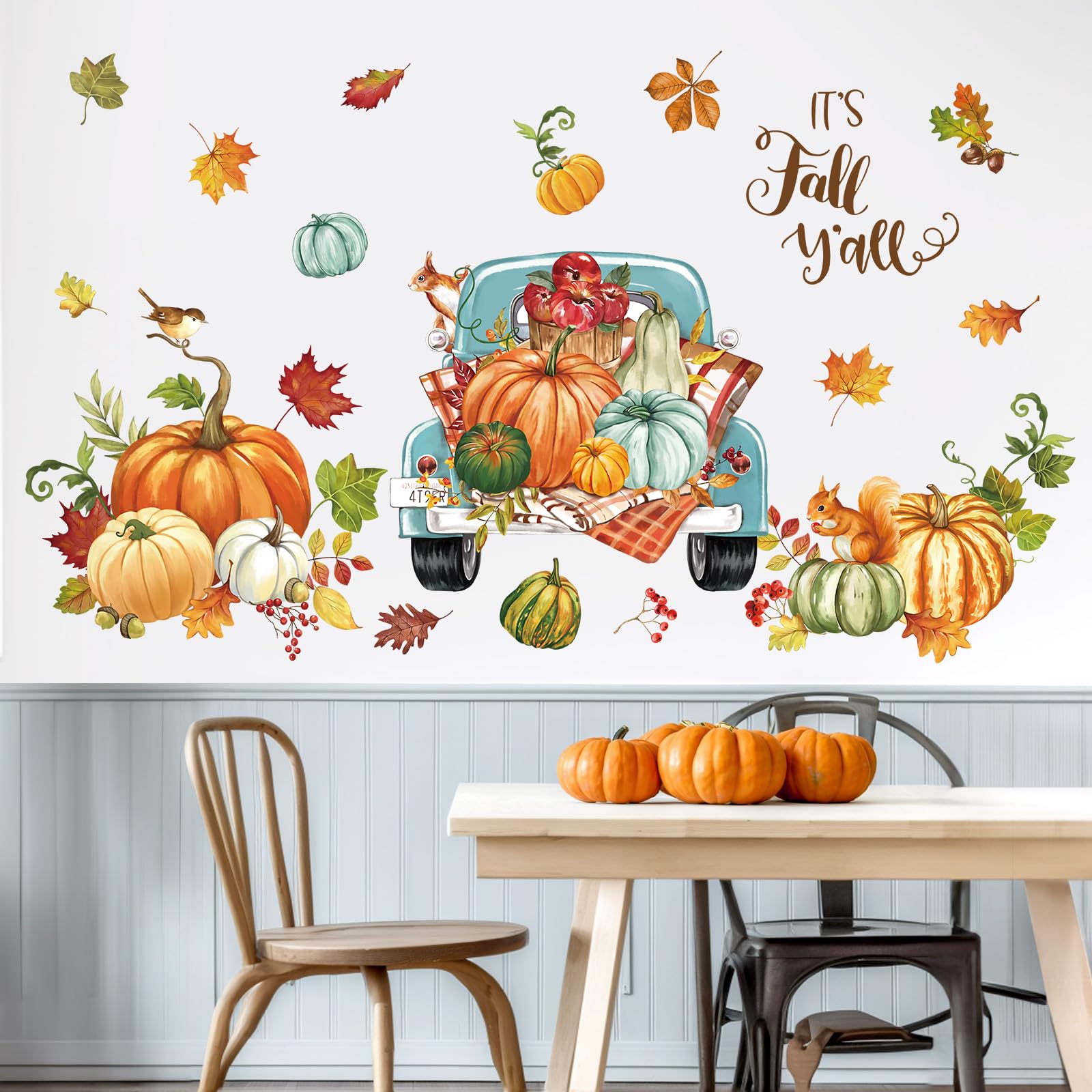 Wondever Fall Thanksgiving Pumpkin Wall Stickers Autumn Leaves Truck Peel And Stick Wall Art Decals For Kitchen Dining Room Bedr