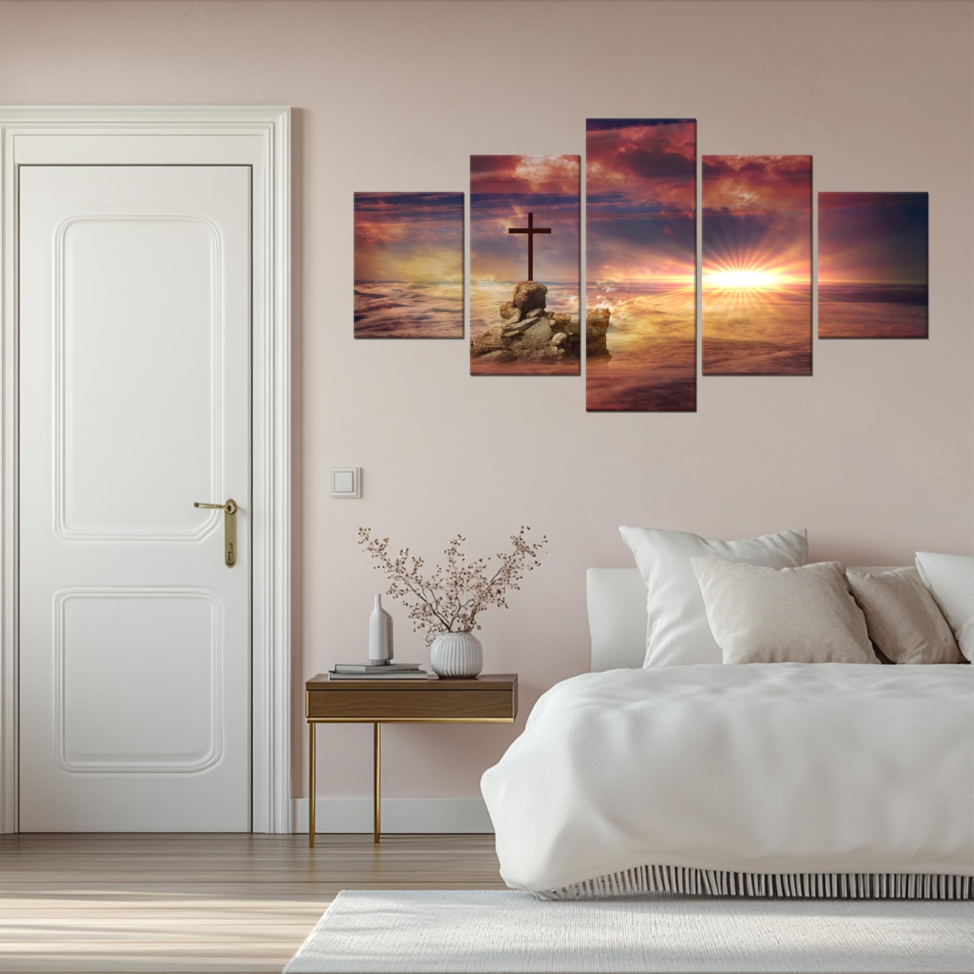 Cross on a Rock Wall Decor Religious Jesus Christ Spiritual Wall Art Picture Canvas Print Christian Poster Painting Framed Home Living Room Bedroom Decoration Ready to Hang(60''Wx32''H)