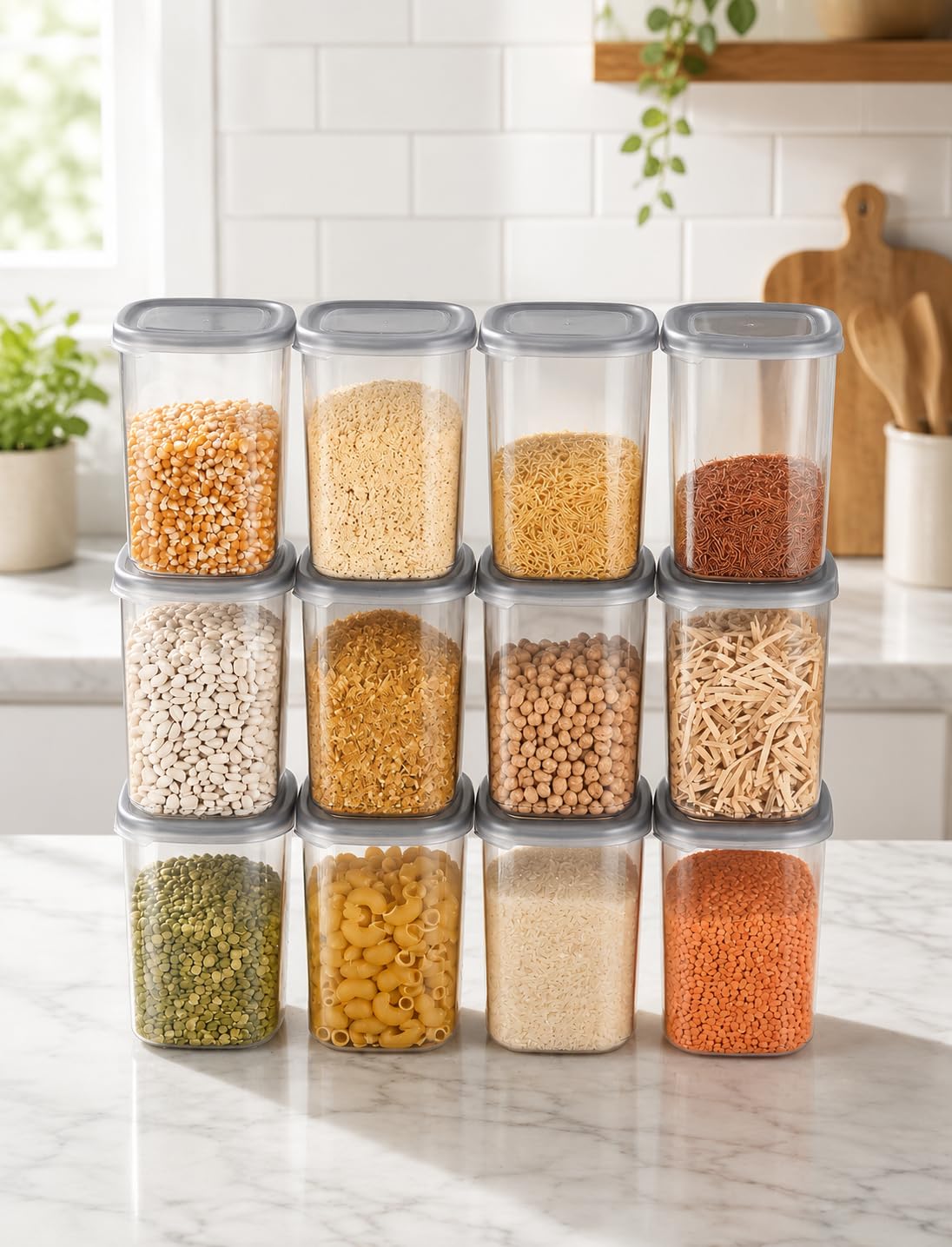 Vyocus Square Grocery Storage Container Set, Clear Stackable Pantry Organisers For Dry Food, Grains, Pasta, Lentils, With Airtig