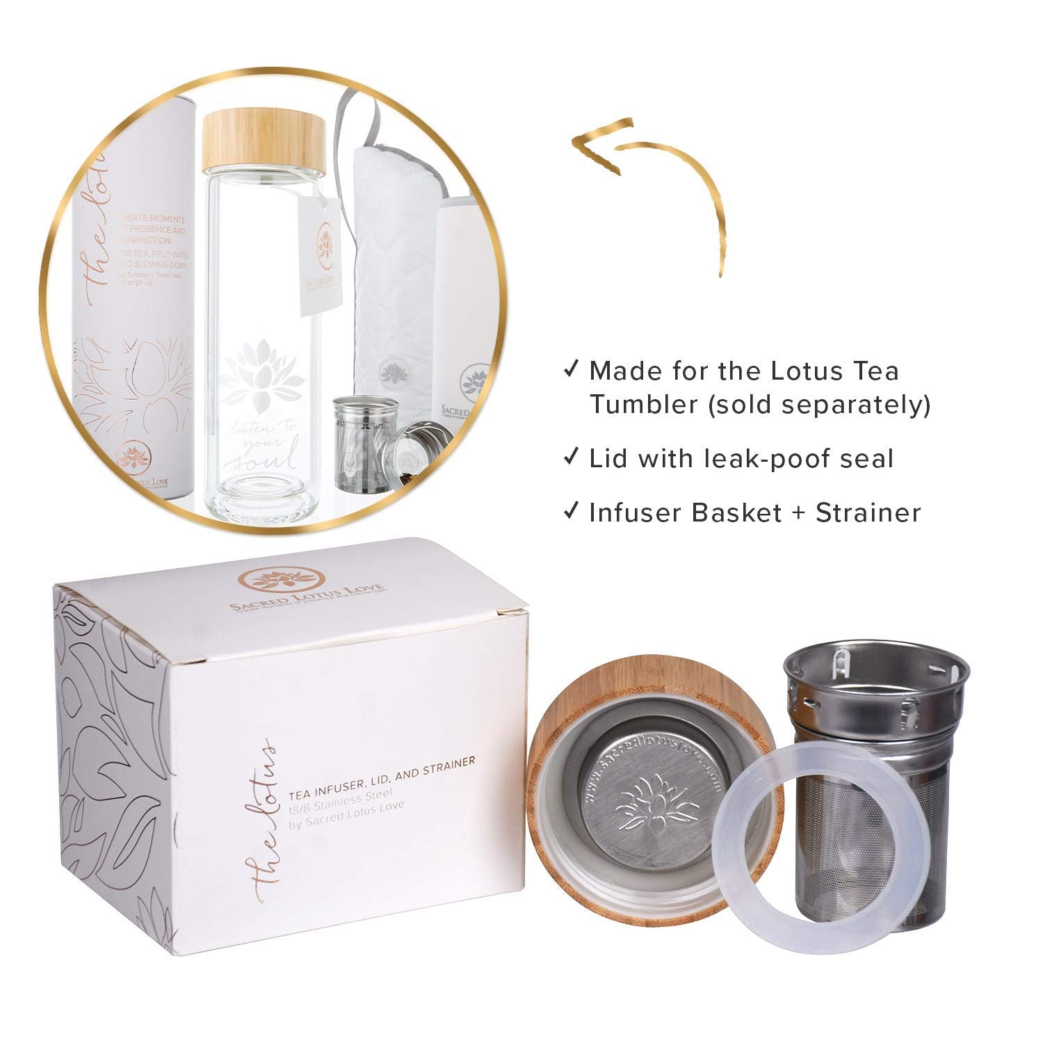 The Lotus Tea Tumbler Accessory Pack. Inc Strainer, Infuser, Bamboo Lid With Seal.