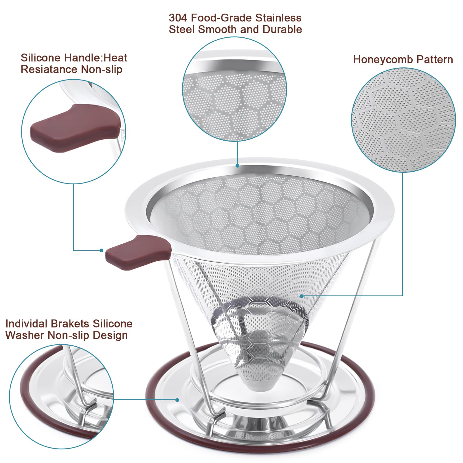 Pour Over Coffee Dripper, Misetto Stainless Steel Filter,Easy To Clean Paperless Pour Over Coffee Maker,Reusable Filter,Cone Dri