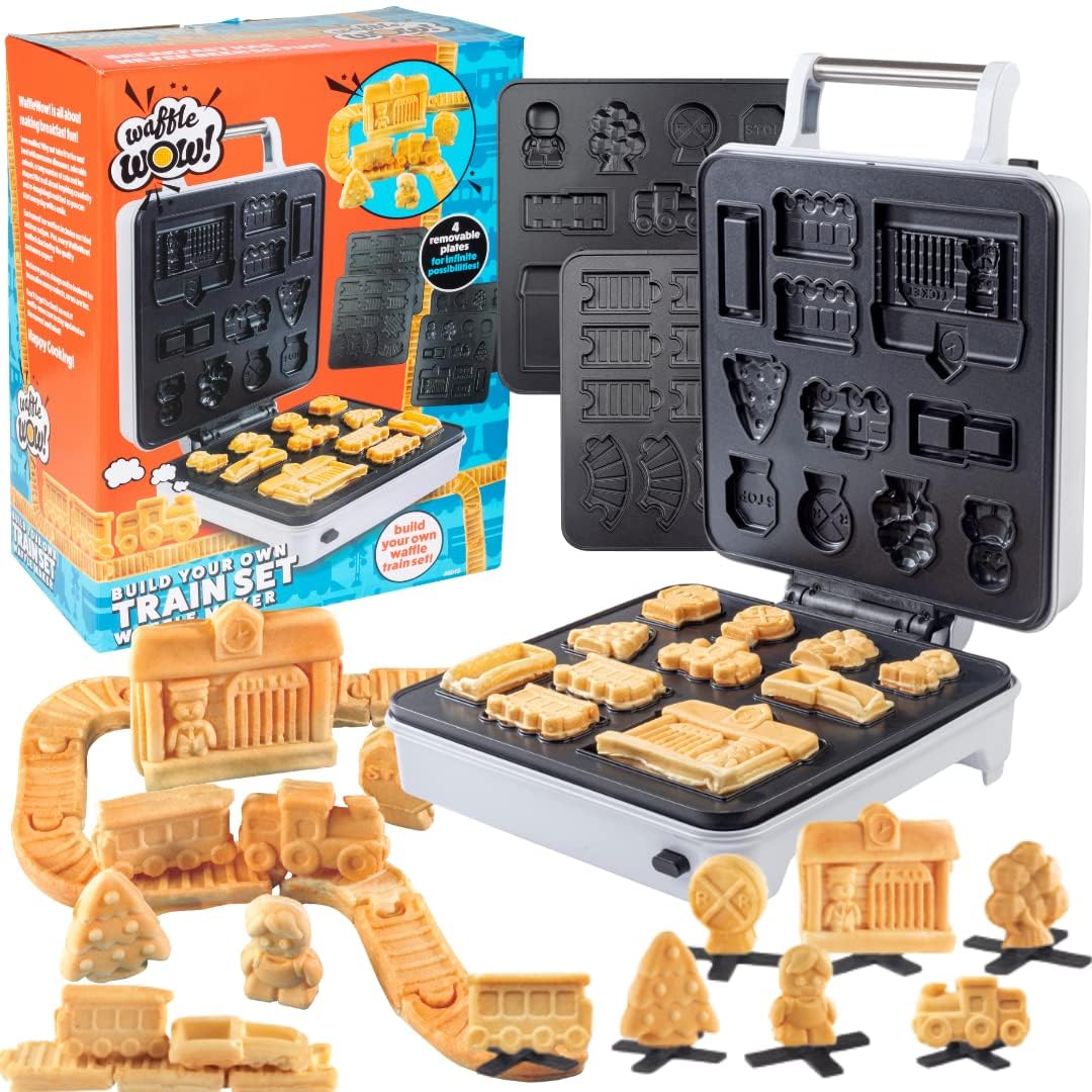 Train Set Waffle Maker - Build Track & Cargo Car Shaped Mini Waffles - Electric Non-Stick Plates, Dishwasher-Safe Removable Inse