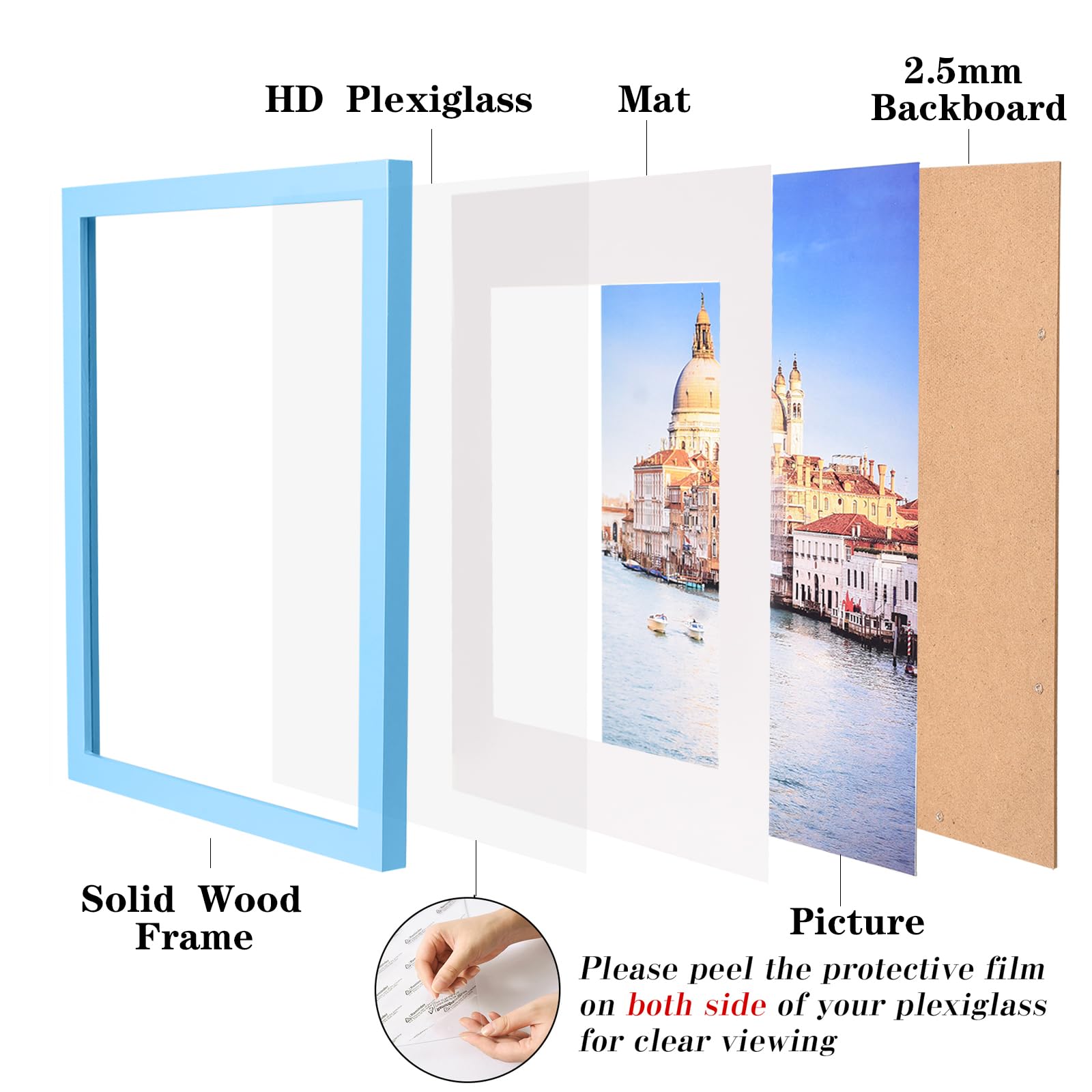 wyooxoo 8x12 Picture Frame Set of 2 Made of Solid Wood Blue Photo Frames Display Pictures 6x8 with Mat or 8x12 Without Mat Color