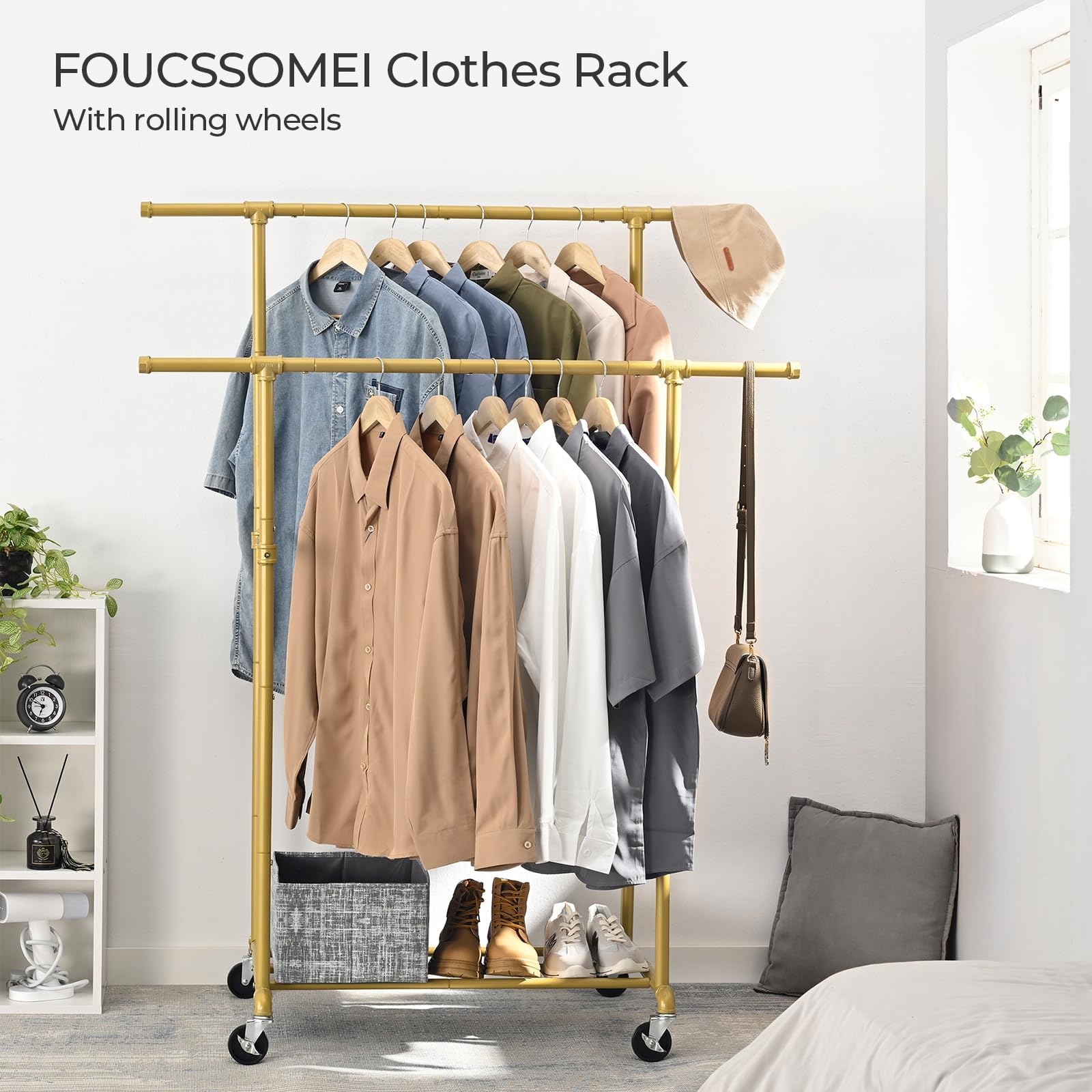 Foucssomei Heavy Duty Clothes Rack, Rolling Clothes Rack, Clothing Rack With Wheels,Clothing Hanger Organizer, Double Rod, Max 4