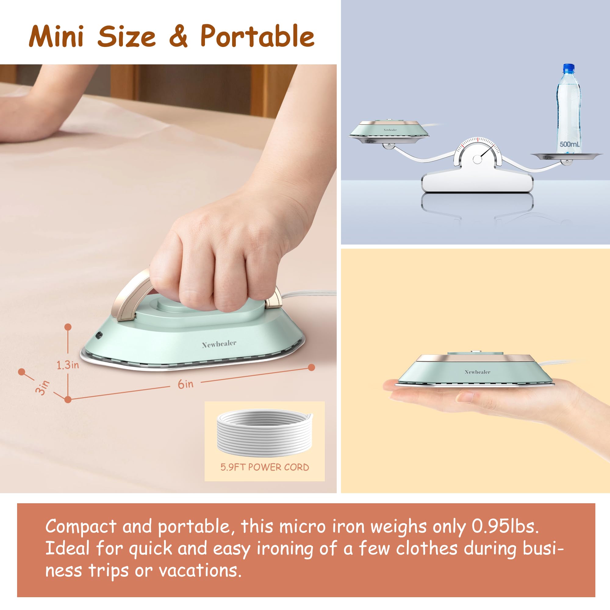 Newbealer Travel Iron With Dual Voltage - 120V/220V Lightweight Dry Iron For Clothes (No Steam), Non-Stick Ceramic Soleplate, 30