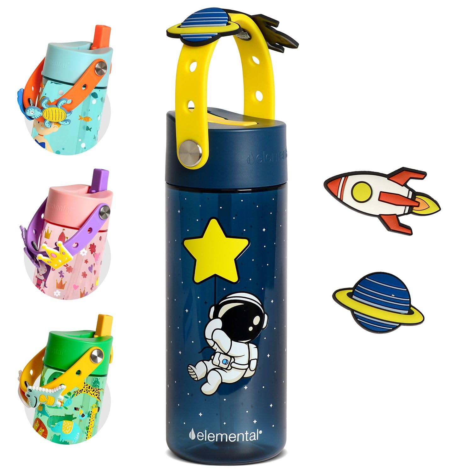 Elemental Water Bottles for Kids - Splash Kids Water Bottle for School with Fun Charm Handle - BPA Free Tritan Plastic Bottle wi