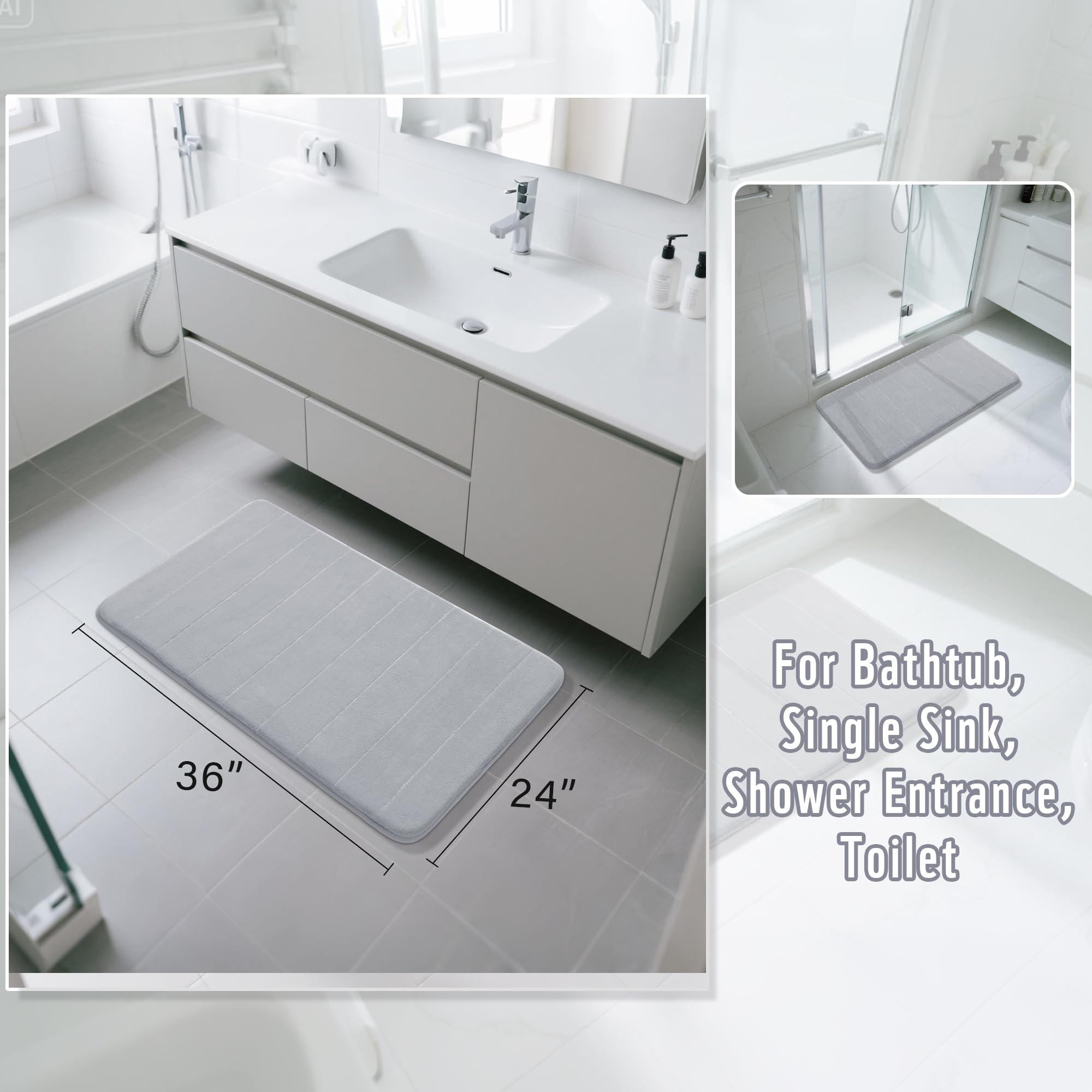 Yimobra Memory Foam Bath Mat Large Size  Soft and Comfortable  Super Water Absorption  Non-Slip  Thick  Machine Wash  Easier to Dry for Bathroom Floor Rug (36.2 x 24 Inch  Silver)