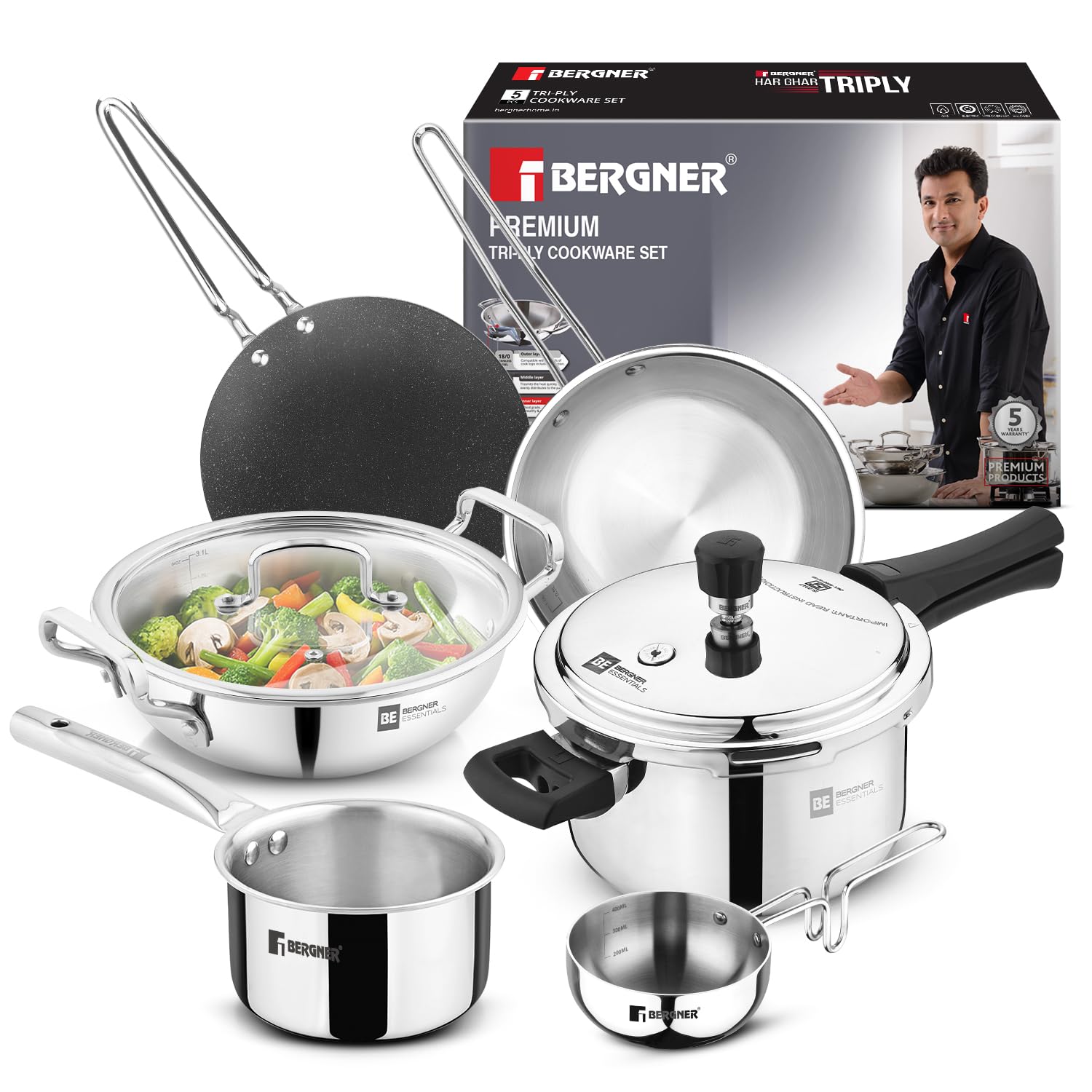 Bergner Tripro 7 Pcs Triply Cookware Set  3L Outer Lid Pressure Cooker, 24Cm/3.1L Kadai, 24Cm/1.5L Frypan, Common Lid, 14Cm/1.2