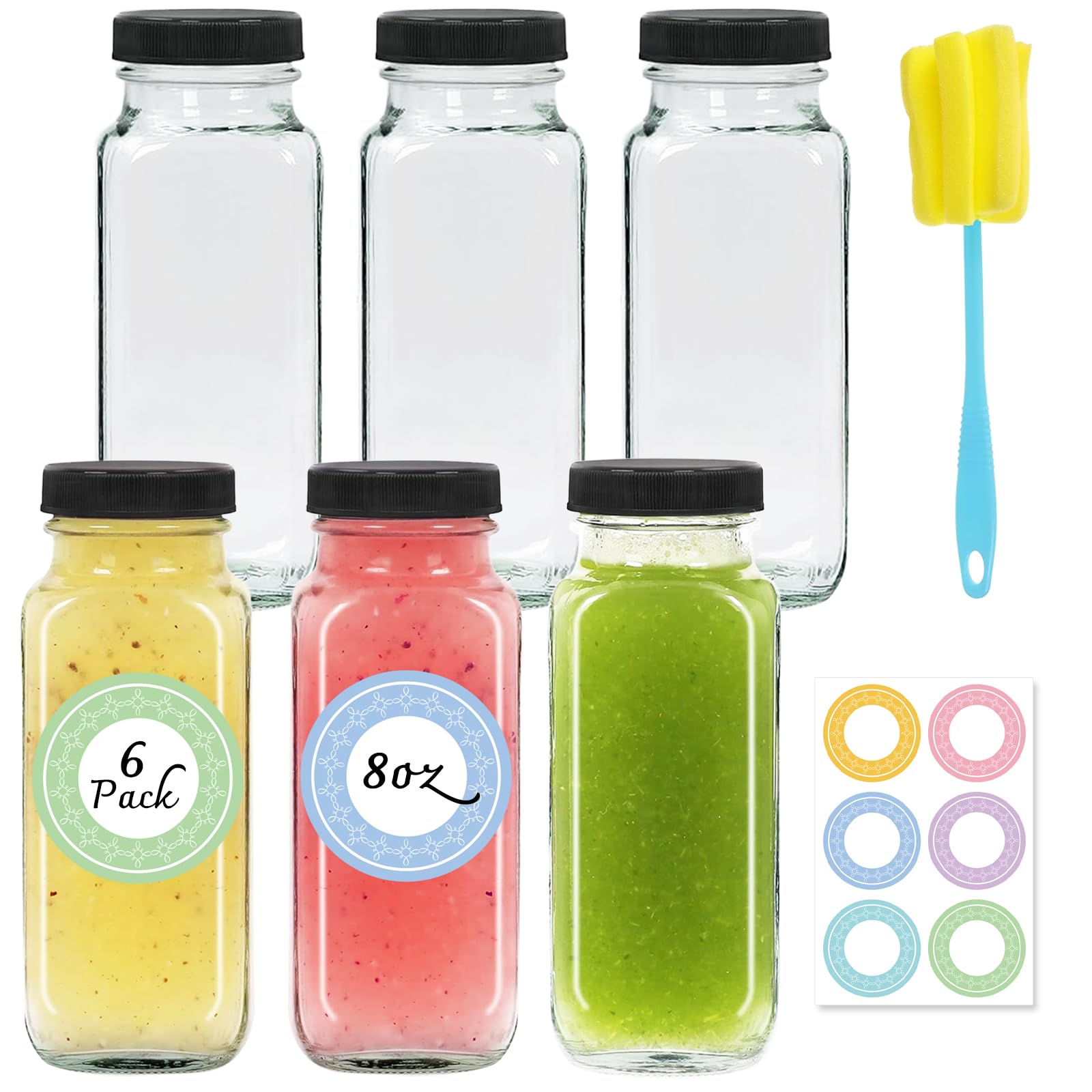 NEWMIAO 6 pack 8 oz Glass Juice Bottles with Lids, 250 ml Reusable Glass Water Bottles, Empty Drink Containers Drinking Jars wit