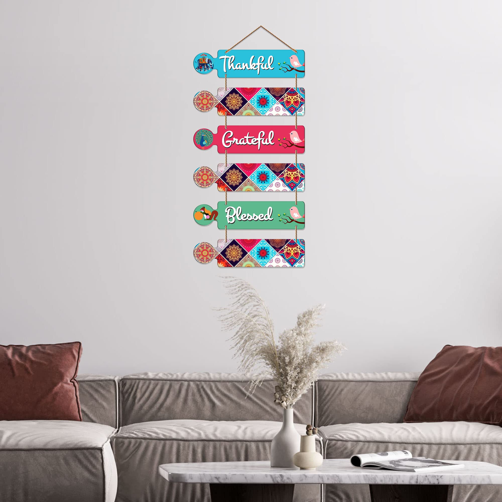 Artvibes Thankful Quotes Decorative Wall Art Mdf Wooden Wall Hanger For Living Room|Quotes Decor Items|Wood (Wh_6003N),Set Of 6