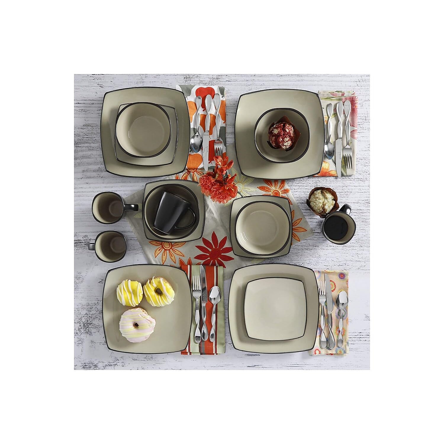 Gibson Soho Lounge Square Reactive Glaze Stoneware Dinnerware Set, Service for 4 (16pc), Sand