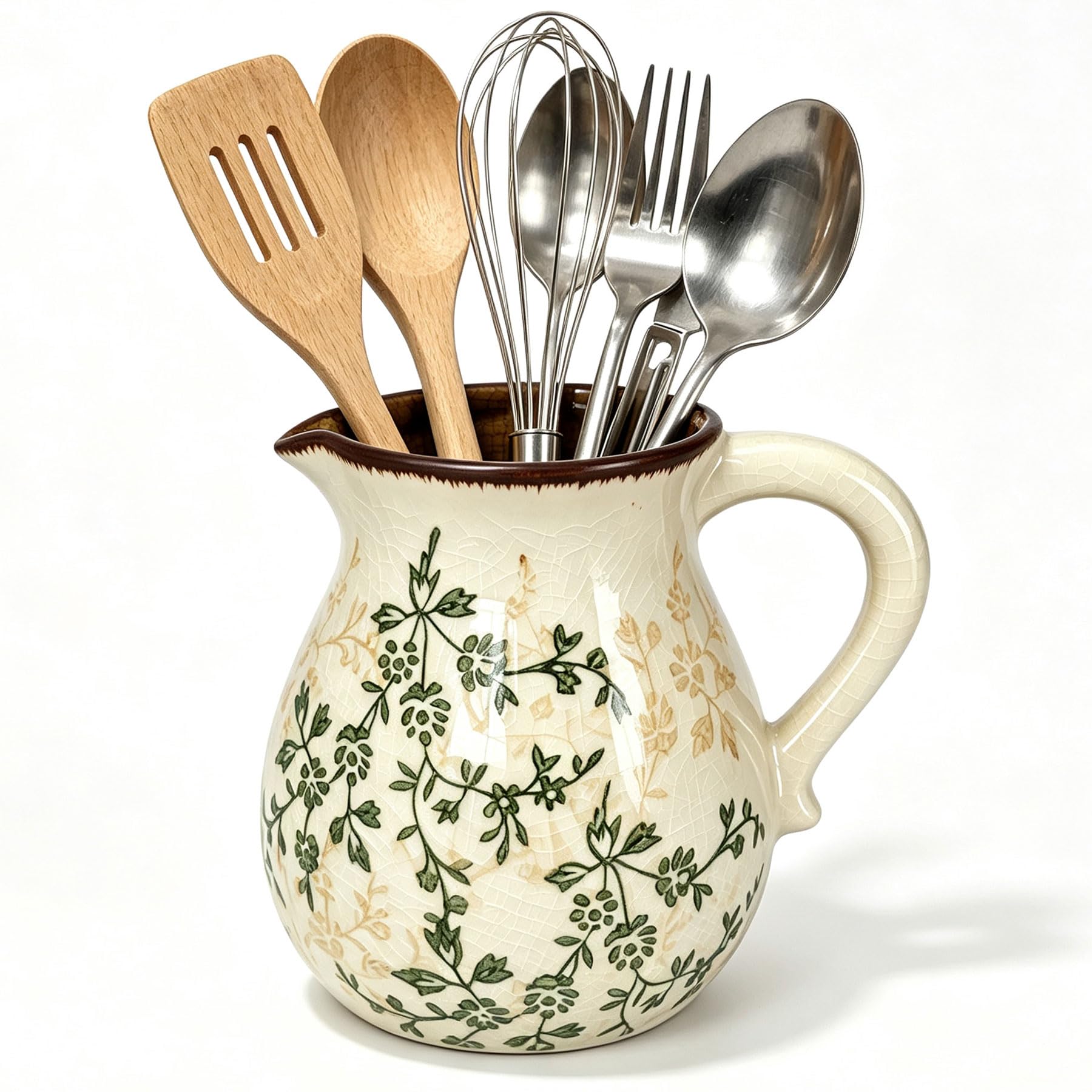 Kitchen Utensil Holder with Handle Ceramic Utensil Crock for Countertop Silverware Organizer for Kitchen Utensil Organizer Crock