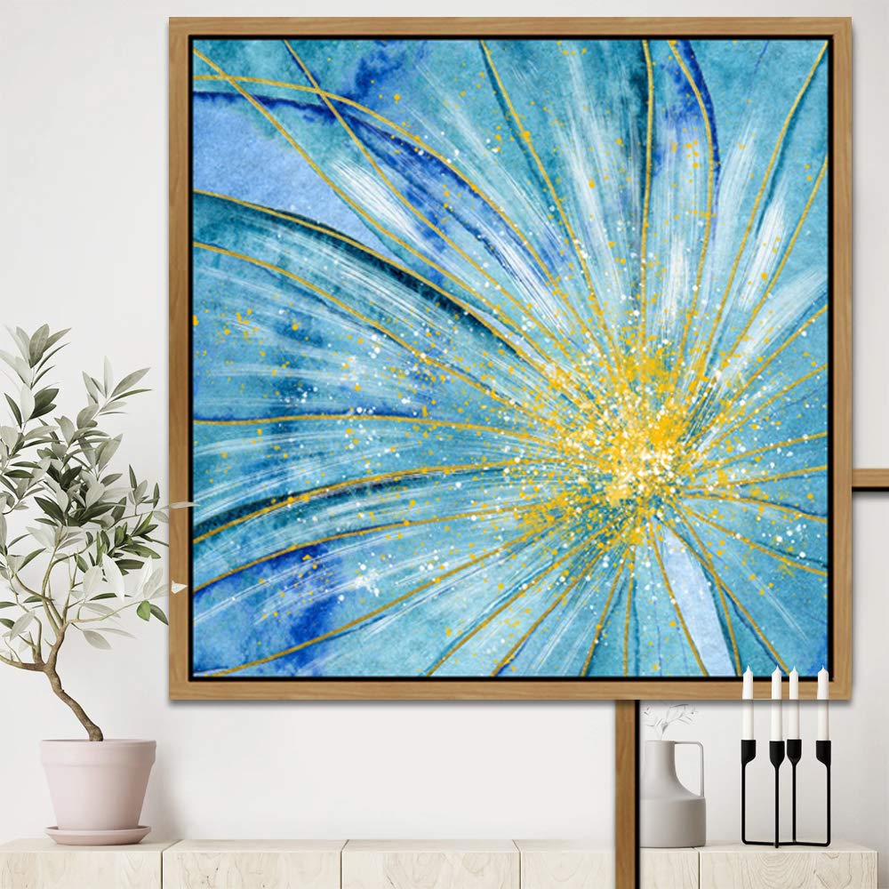SIGNWIN Framed Canvas Print Wall Art Blue Flower with Yellow Paint Dots Nature Wilderness Watercolor Modern Art Rustic Colorful Multicolor Pastel for Living Room  Bedroom  Office - 16''x16'' Natural