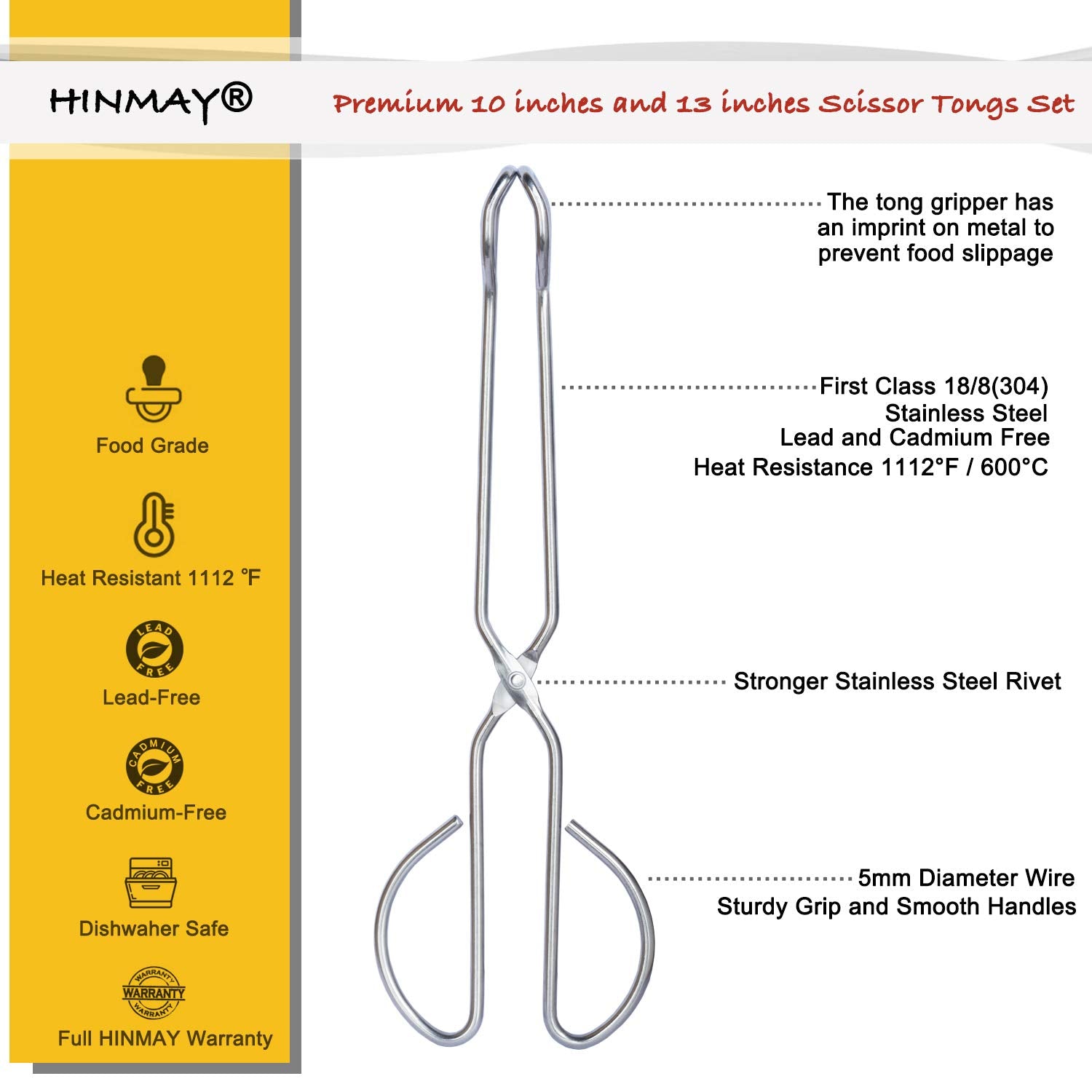 Hinmay Scissor Tongs 10-Inch And 13-Inch Set Heavy Duty Stainless Steel Wire Tongs, Set Of 2