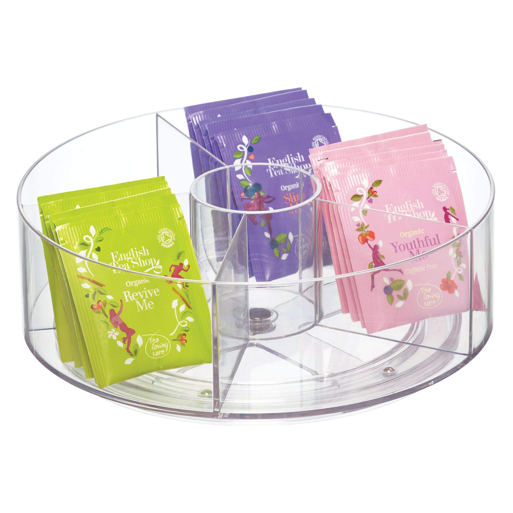 iDesign Cabinet Binz Divided Rotating Turntable Tea Packet Organizer, 9 x 9 x 3.01, Clear