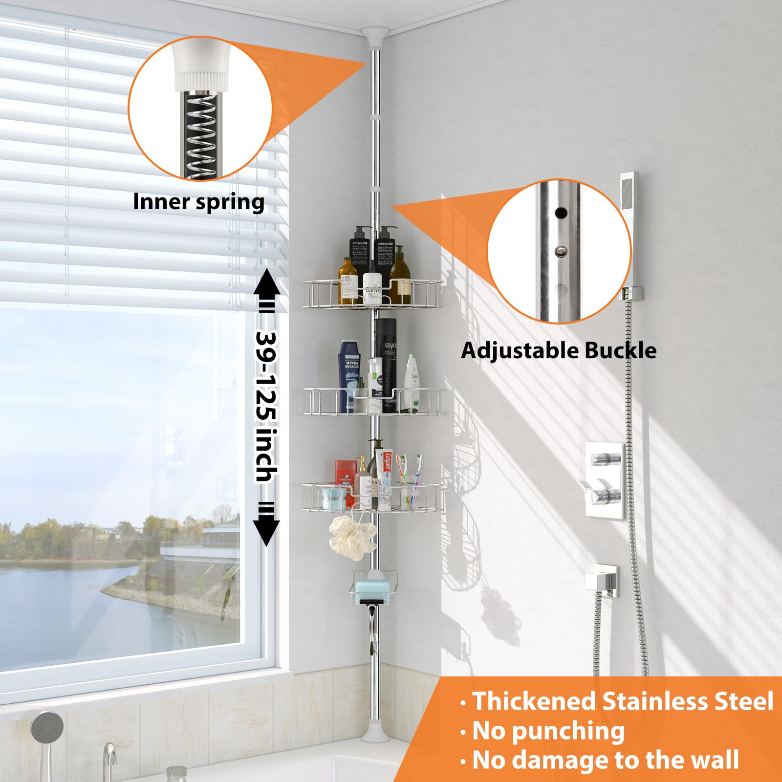 Yeyebest 39-125 Inch Rustproof Shower Caddy Corner For Bathroom, Bathtub Storage Organizer With 4 Adjustable Baskets, Sliver