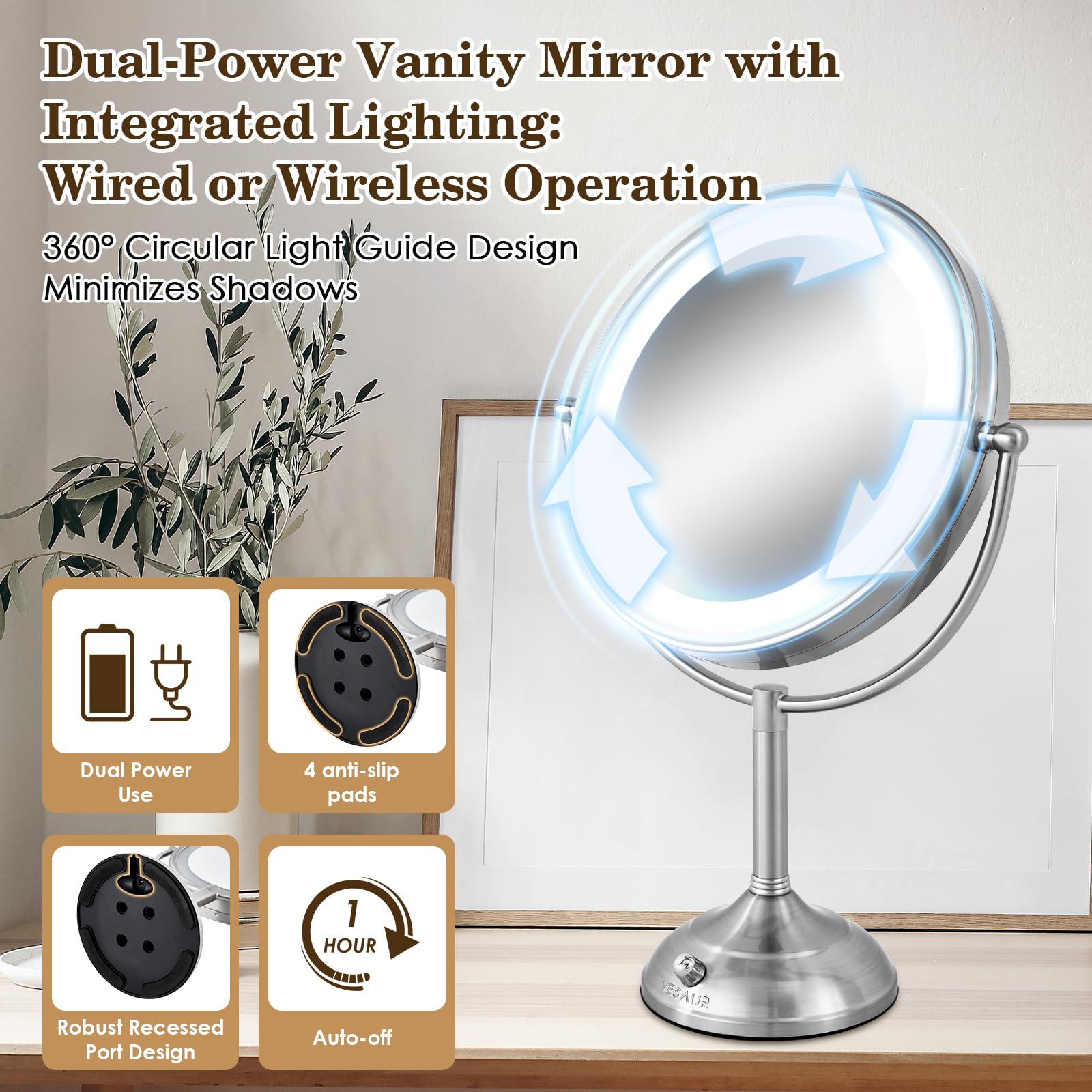 VESAUR 11" Lighted Makeup Mirror, 1X/5X Magnifying, 17" Tall, Pearl Nickel, Model D1003, 96 LEDs, 3 Color Modes