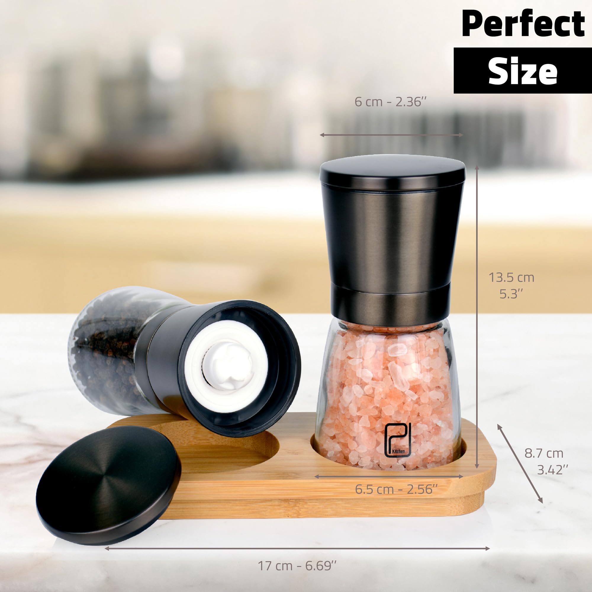 Premium Black Stainless Steel Salt And Pepper Grinder Set With Stand In Bamboo Wood - Gunmetal Salt And Pepper Shakers With Adju