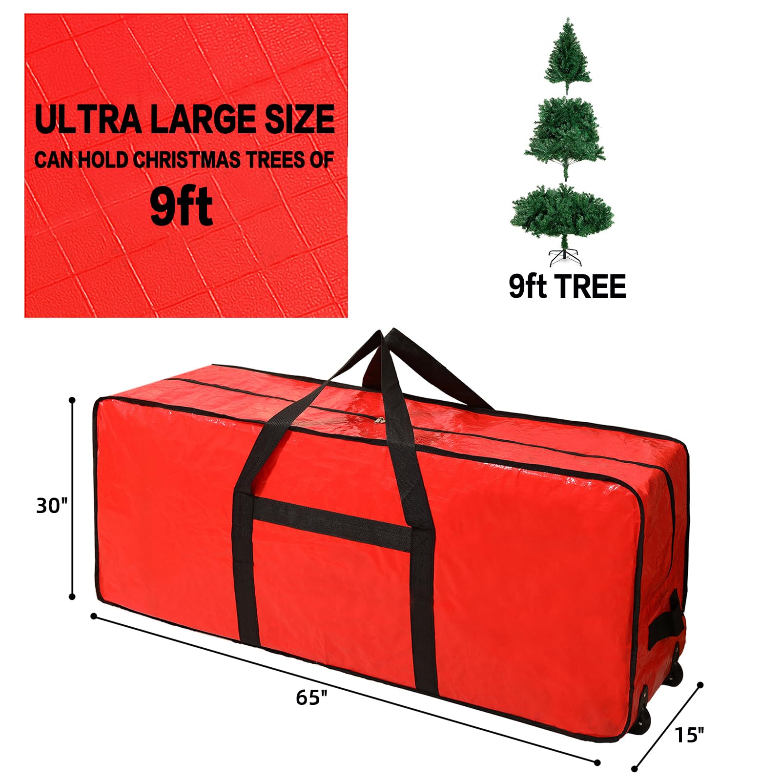HOMEST Christmas Tree Storage Bag, Fits for 9 ft Xmas Artificials, Zippered Bag with Reinforced Carrying Handles and Wheels, Red