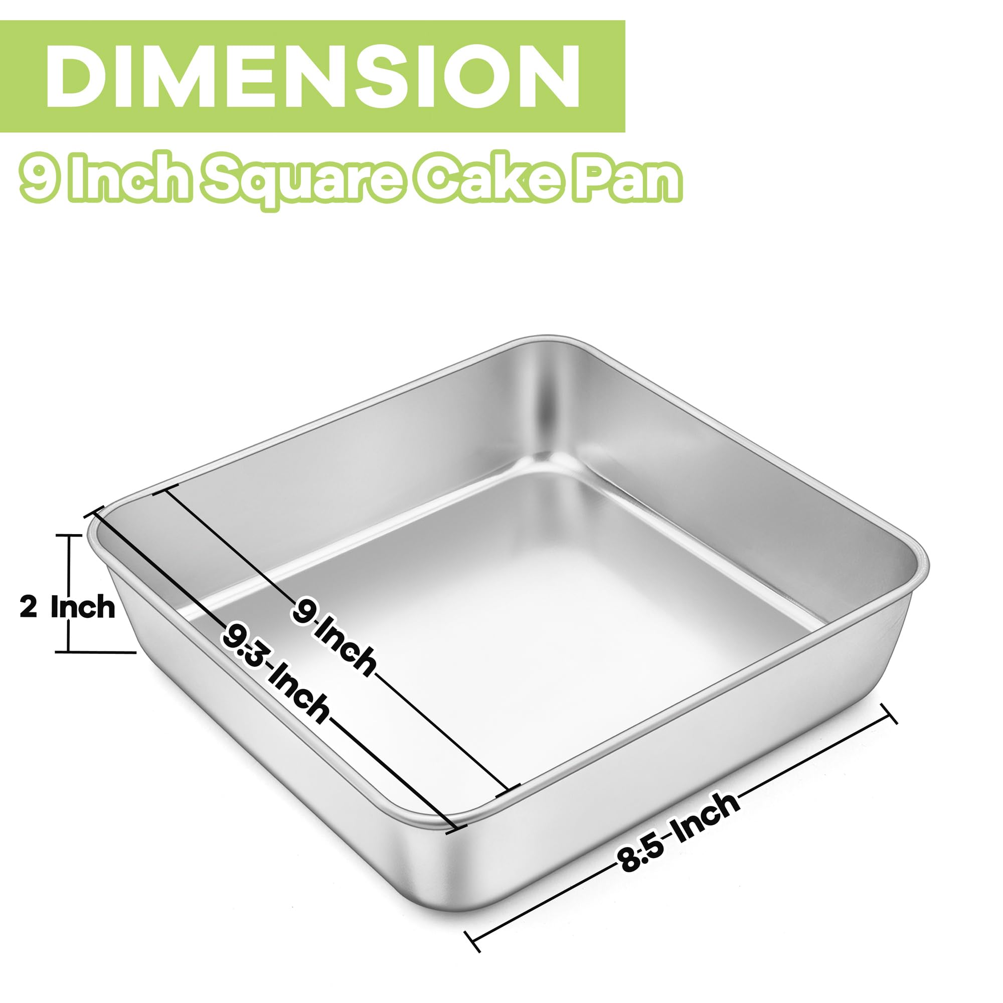 Teamfar Square Cake Pan, 9 Inch Stainless Steel Square Baking Roasting Pan For Cake Brownie Lasagna, Non-Toxic & Heavy Duty, One