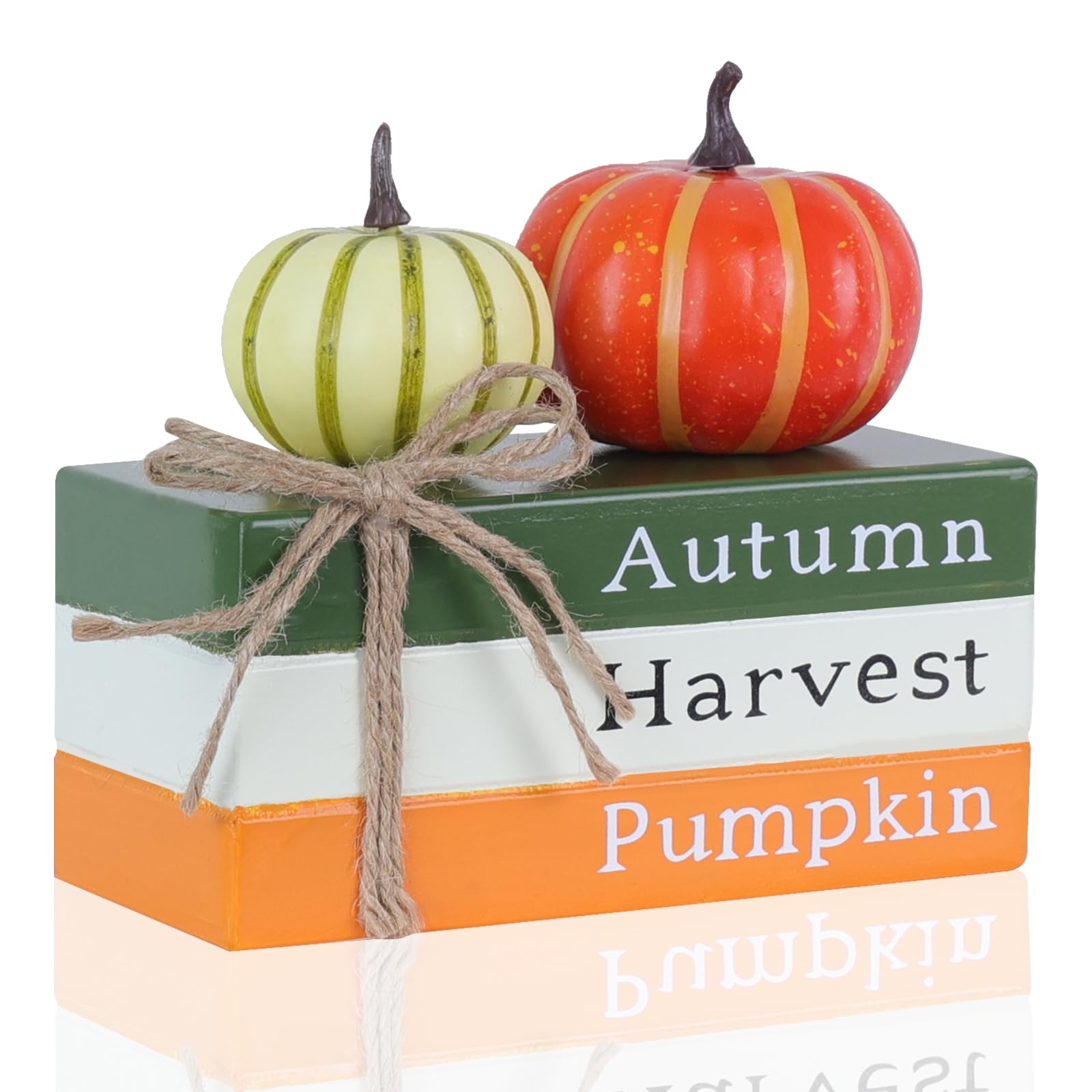 DECSPAS Fall Decorations for Home, Autumn Harvest Wooden Stacked Books Sign with Pumpkins & Bow for Fall Decor, Thanksgiving Tab