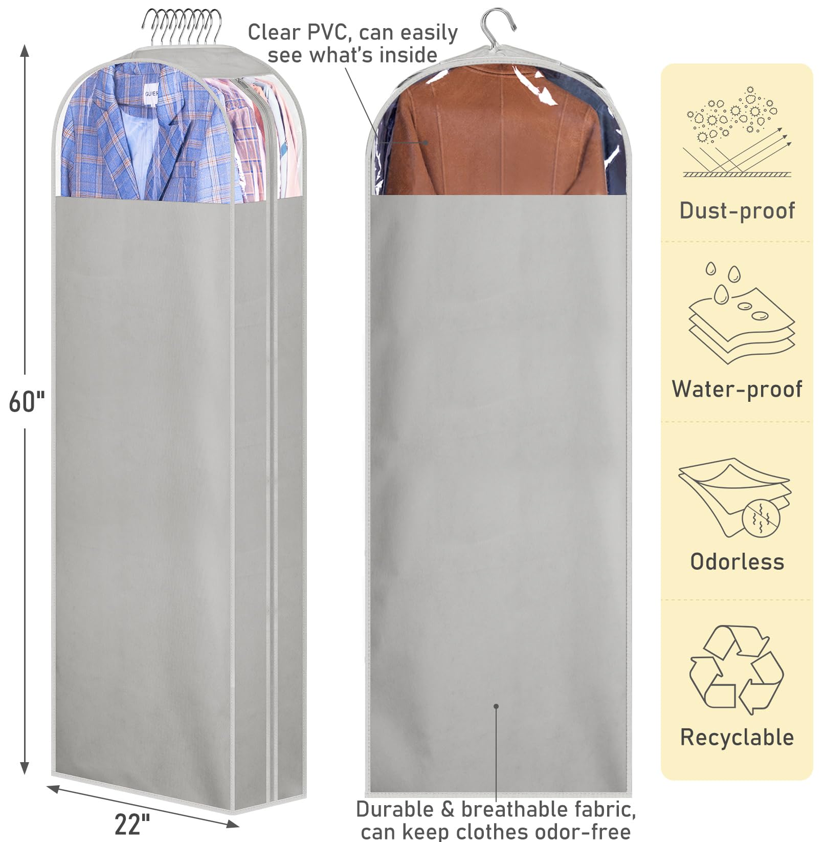 Misslo 10'' Gusseted Garment Bags For Hanging Clothes Storage 60'' Dress Bags For Gowns Long Breathable Dress Cover For Closet H