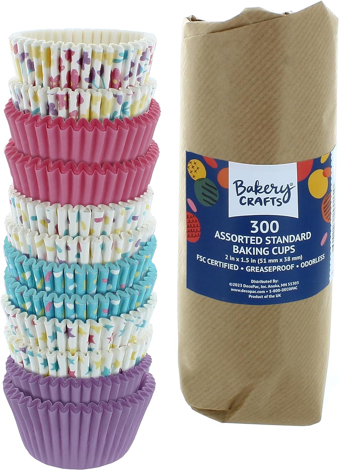 Bakery Crafts Pastel Everyday Baking Cups - 300-2'' Cupcake Liners With Multi-Colored Stars, Confetti, And Flowers In Pastel Sha