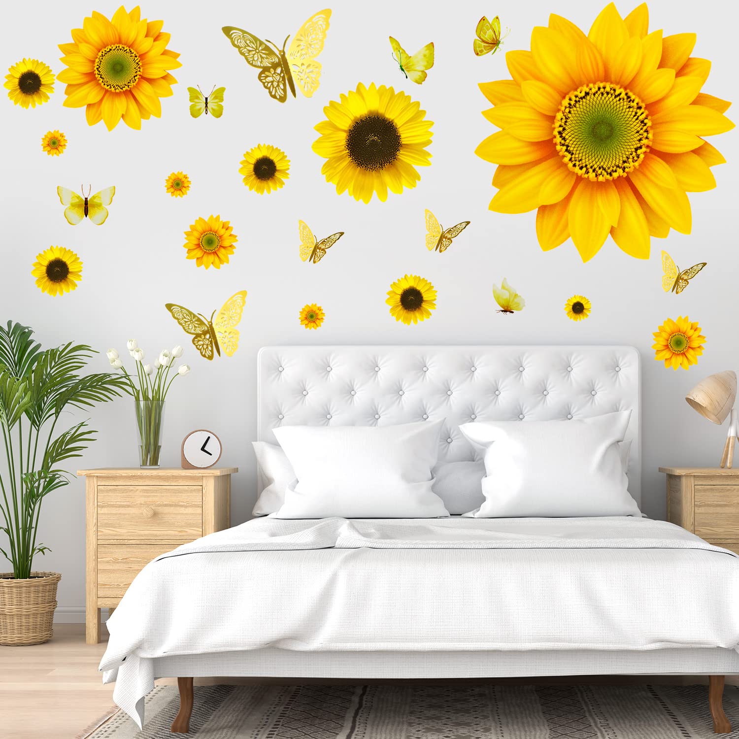 Large Sunflower Wall Stickers - 39 Pcs Sunflower Daisy Decals For Wall 3D Butterfly Wall Sticker Sunflower Bathroom Nursery Deco