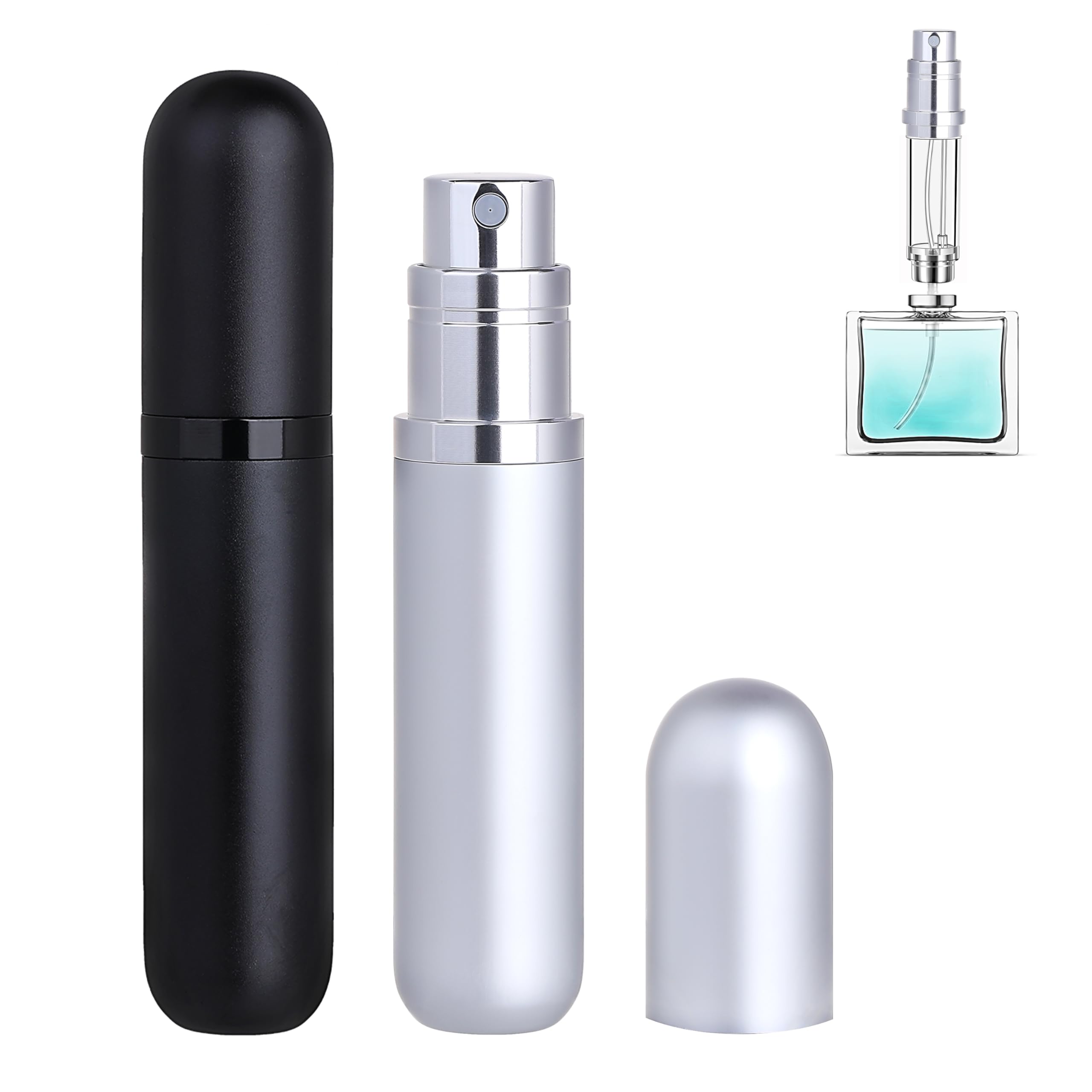 Qavhun Travel Refillable Perfume Atomizer Bottle 2-Pack 5Ml Leakproof Travel Perfume Refillable Bottle (Black & Silver)