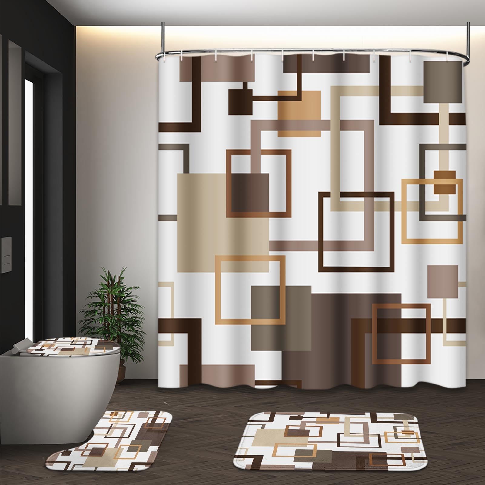 Geometric Brown Shower Curtain Set with Toilet Lid Cover and Non-Slip Rugs  Abstract Square 4 Pcs Shower Curtain for Bathroom  Modern Simple Line Bathroom Decor