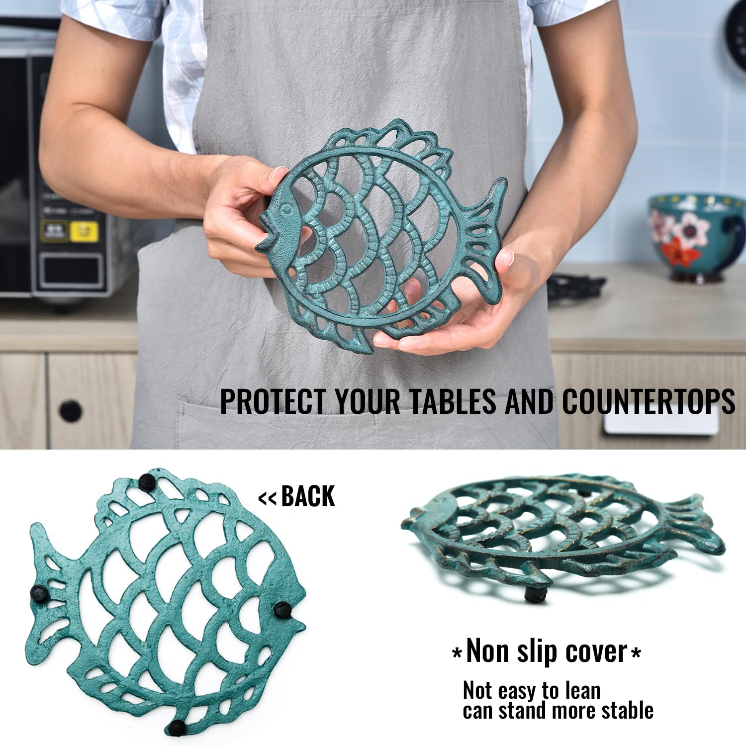 Sungmor Cast Iron Cute Fish Trivet For Wood Stove - Dia-7.5 Inch Dark Green Finish - Rustproof Round Stands For Hot Pots/Dishes/