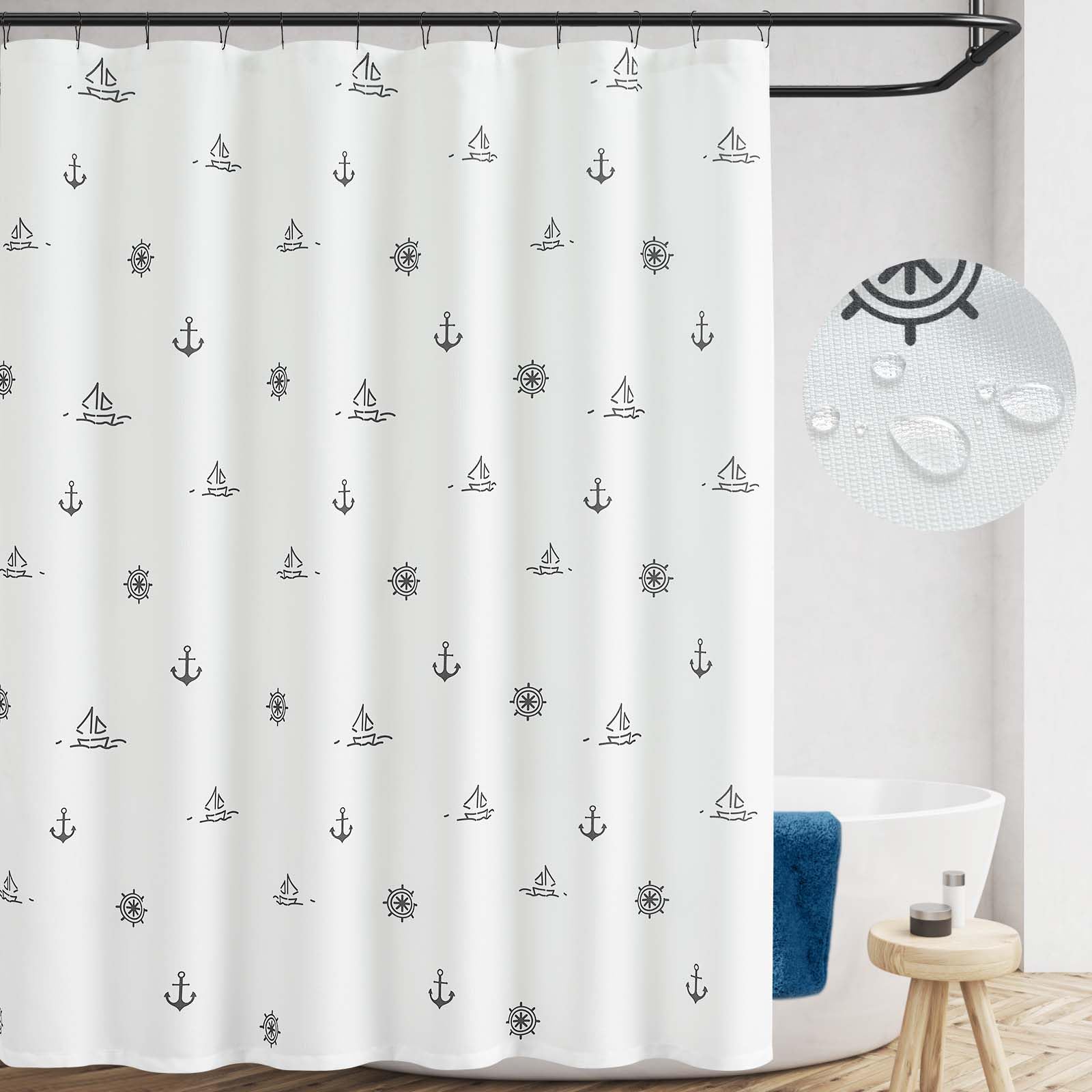 jinchan Black and White Nautical Shower Curtain Kids Cartoon Printed Waterproof Fabric Shower Curtains for Bathroom Ocean Sailbo