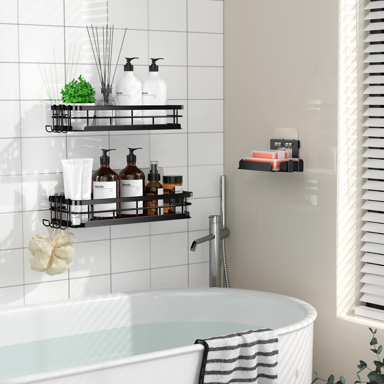 Getsrichfc Corner Shower Caddy 3-Pack, Large Size Shower Shelves With Soap Holder Adhesiveand 4 N-Shaped Hook, Rustproof Stainle