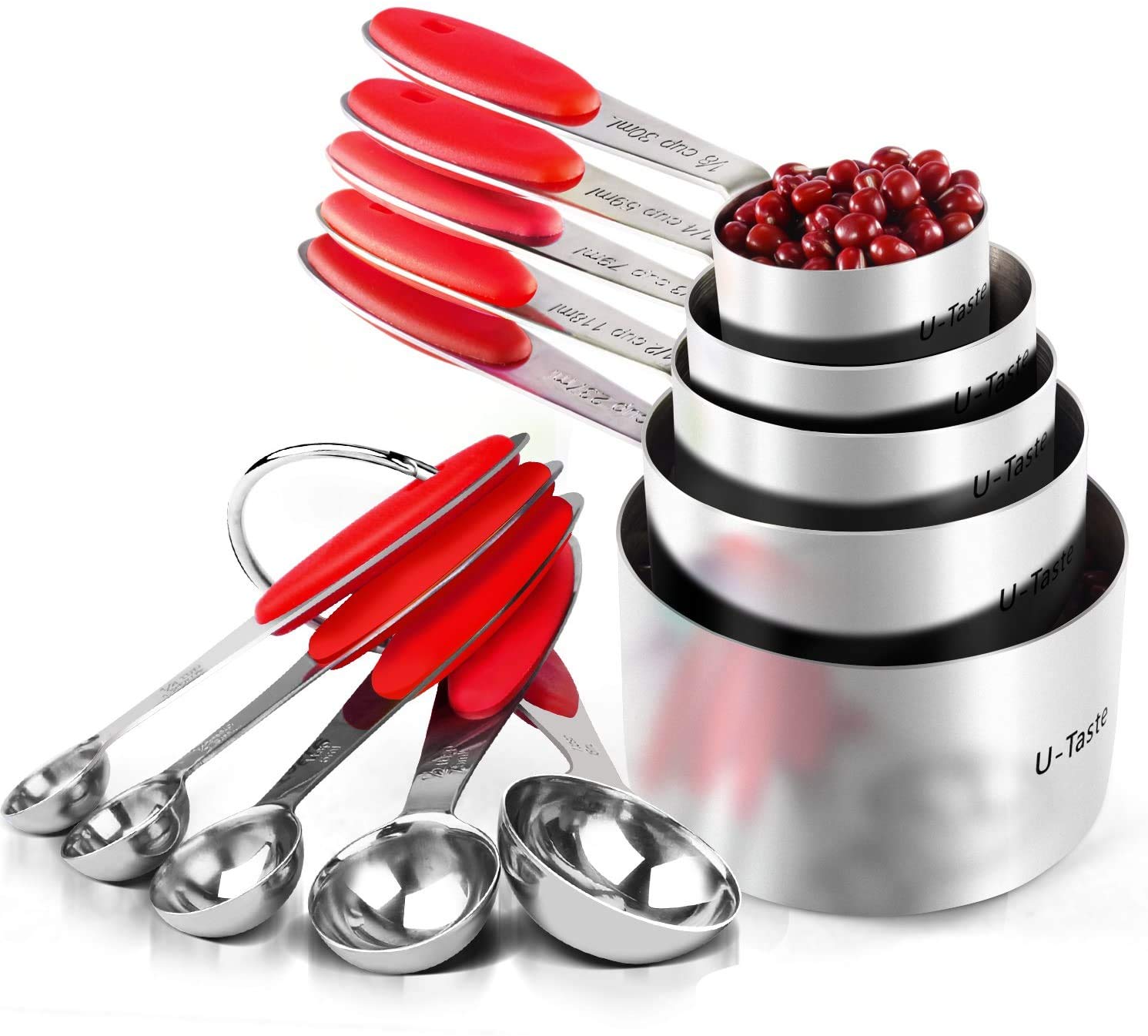 Measuring Cups : U-Taste 18/8 Stainless Steel Measuring Cups And Spoons Set Of 10 Piece, Upgraded Thickness Handle(Red)
