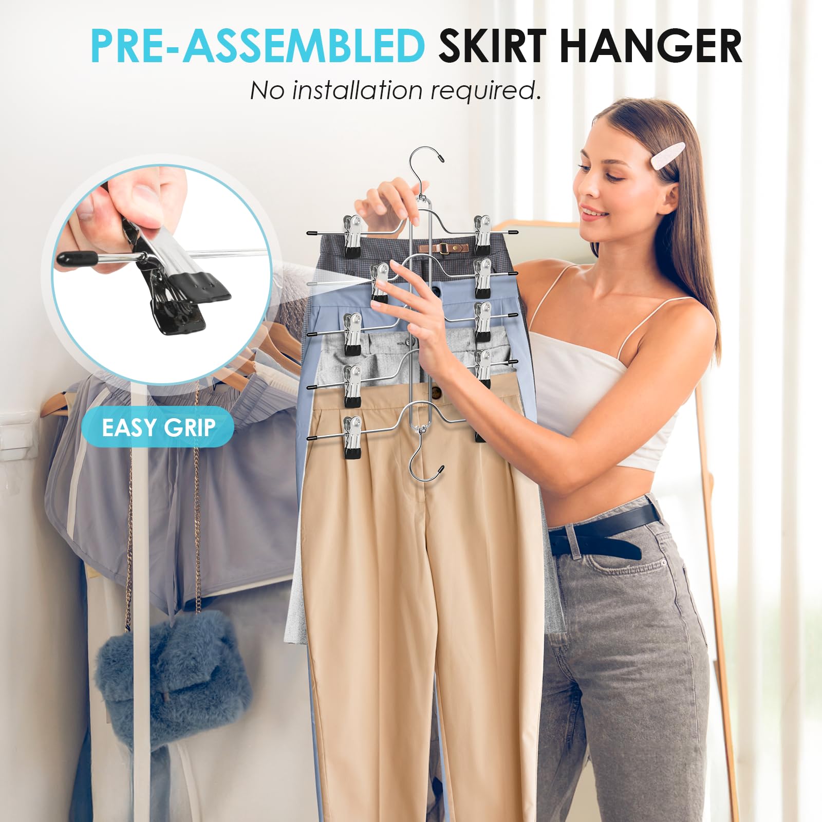 Skirt Hangers With Clips, Jadkysarh 5 Tier Pants Skirt Hangers Space Saving Multi Shorts Hangers With Adjustable Clips Closet Or