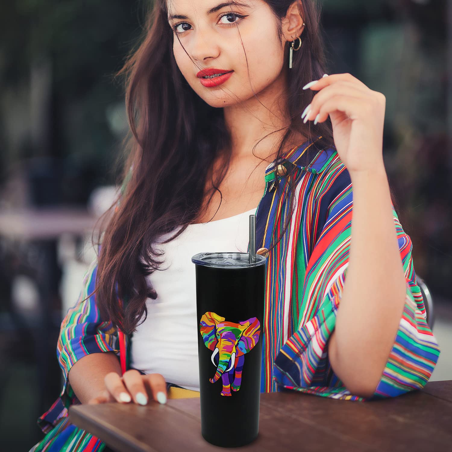 Elephant Tumbler With Lid And Straw- Elephant Gifts For Women, Men - Colorful Elephants Cup, Skinny Tumbler, Water Bottle, Coffe