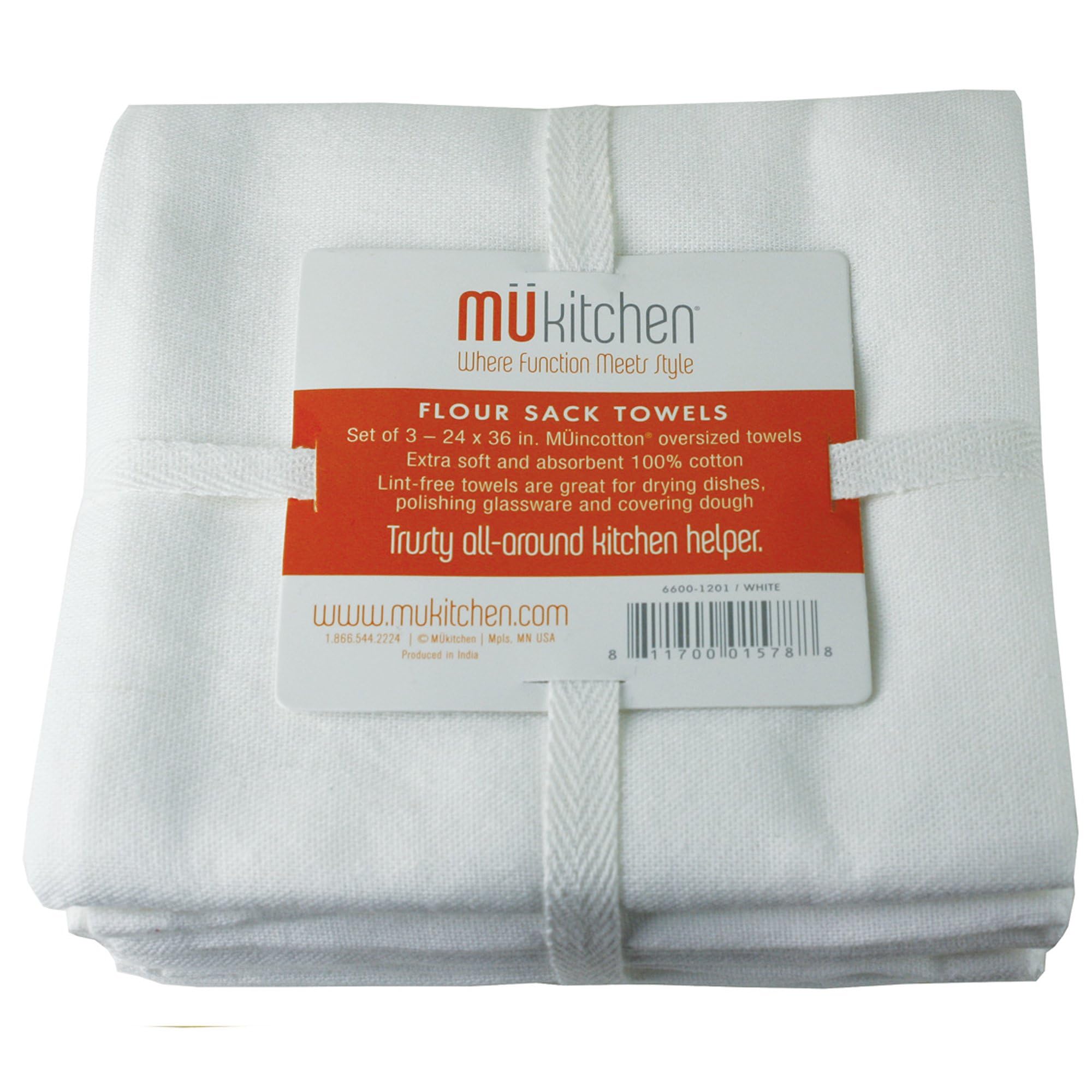 Mukitchen Flour Sack Towels Dish Cloths, White, 24 X 36 Inch, Cotton, Set Of 3