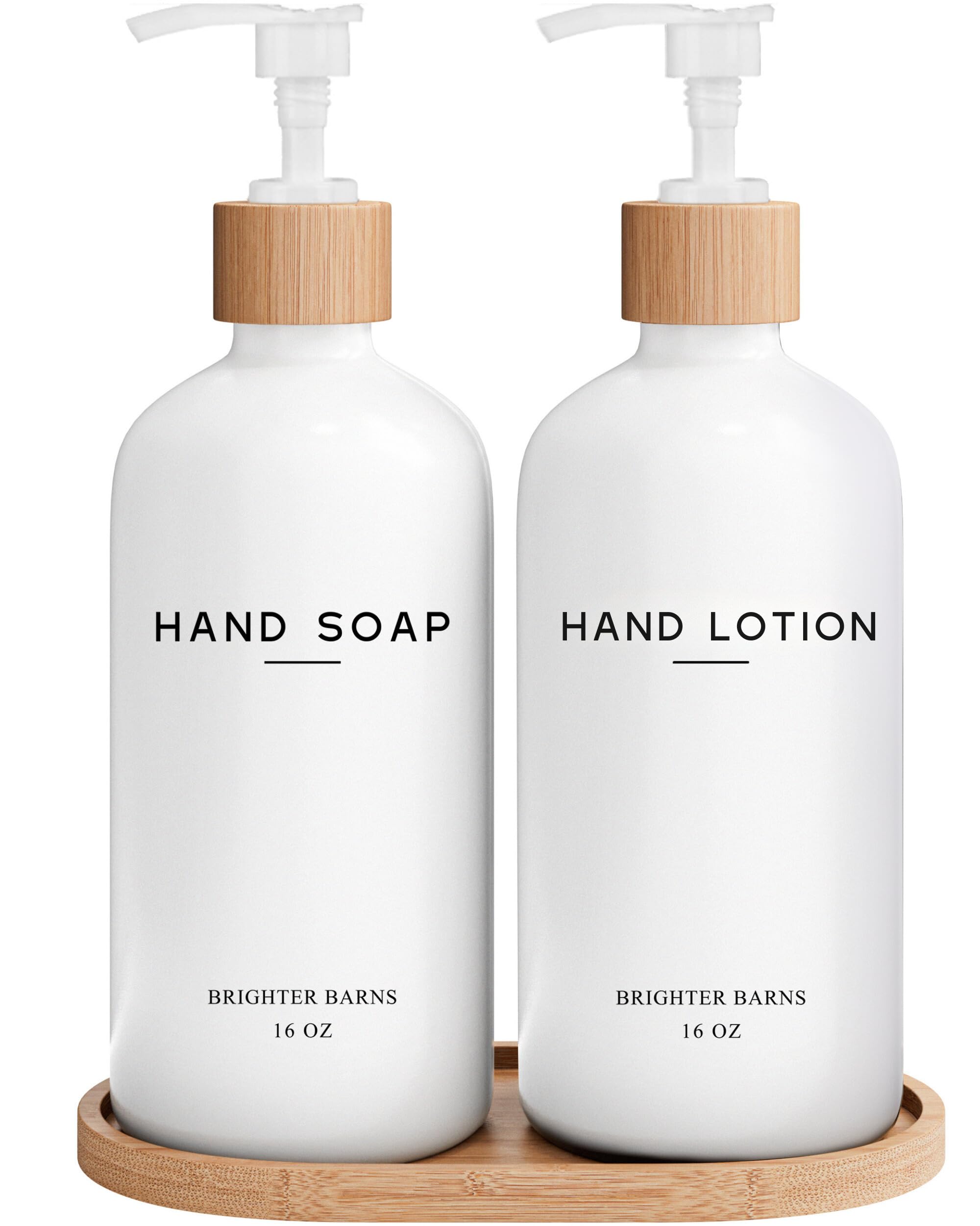 White Glass Soap And Lotion Dispenser Set With Tray By Brighter Barns - Hand Soap Dispenser Bathroom Set - Bamboo Bathroom Soap