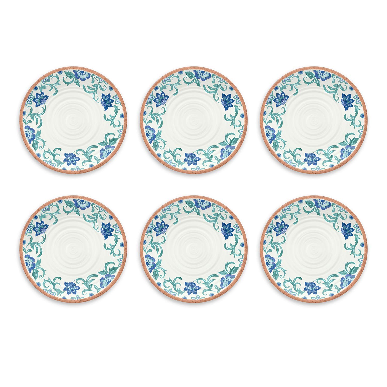 TarHong Rio Turquoise Floral Dinner Plate, 10.5, Melamine, Set of 6