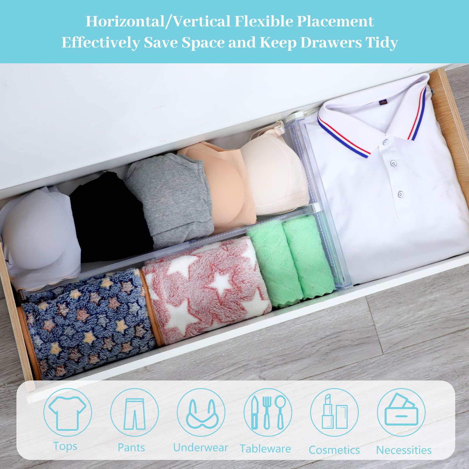 Drawer Dividers, 6 Pack Adjustable Drawer Organizers 3.2'' High Expandable from 11.3-20'' Clear Expandable Dresser Organizer for