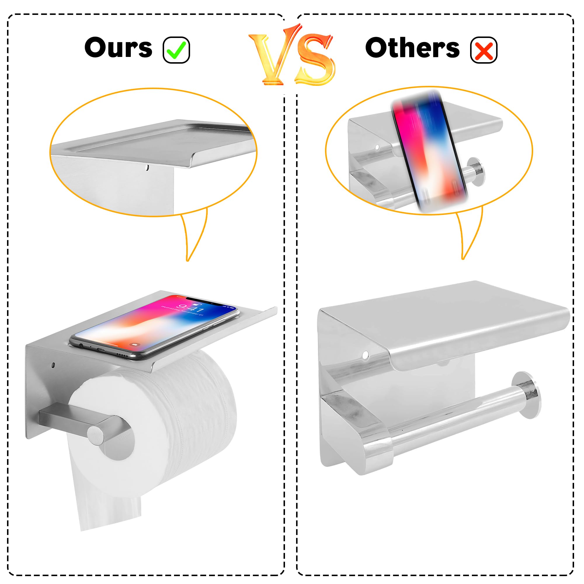 Toilet Paper Holder With Shelf, Wall Mounted Adhesive Holder For Bathroom, Tissue Roll Holder With Phone Storage Shelf, Brushed