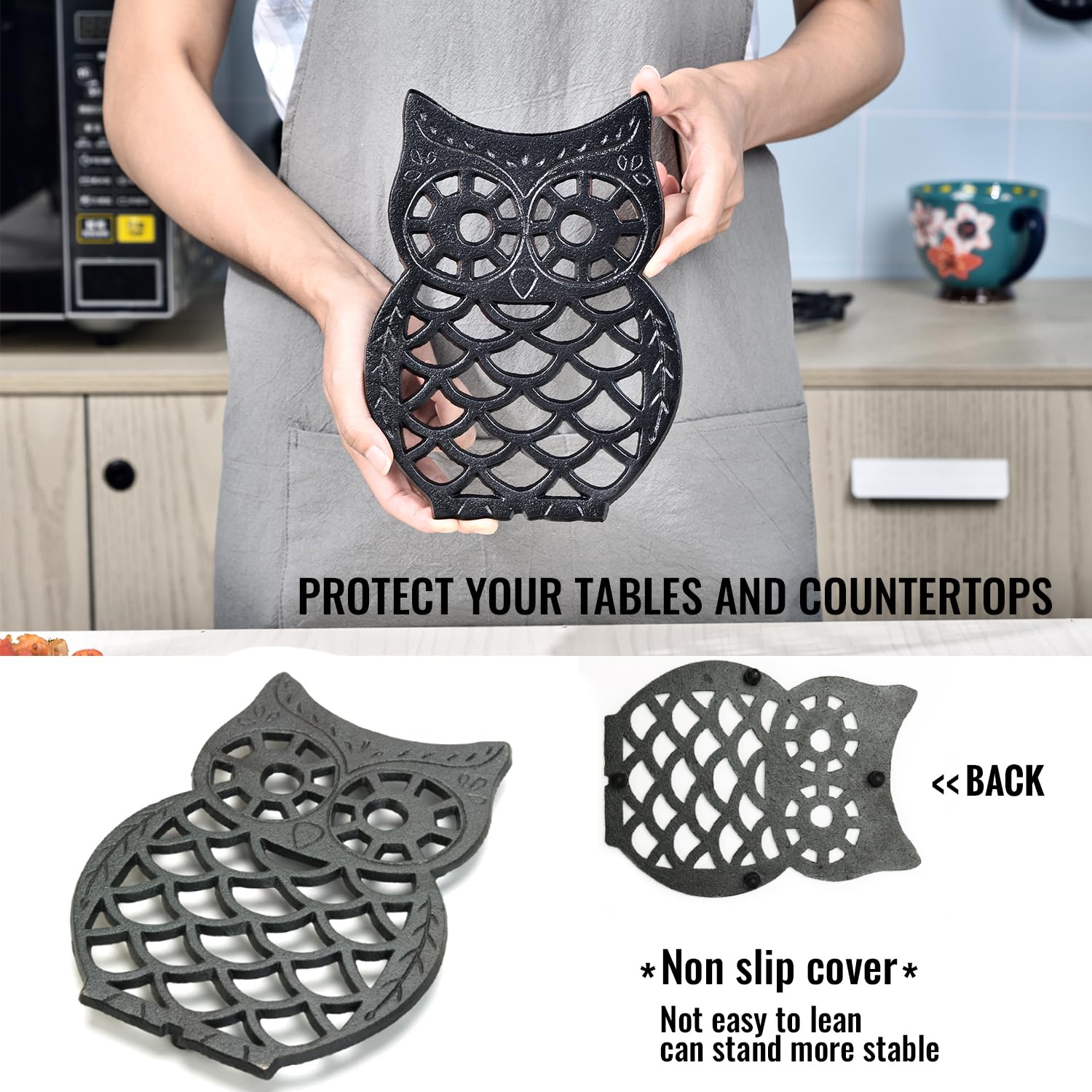 Sungmor Heavy Duty Cast Iron Trivet - Rustproof Lovely Owl Shaped Black Trivet - Decorative Large Metal Trivet Stands Holder For